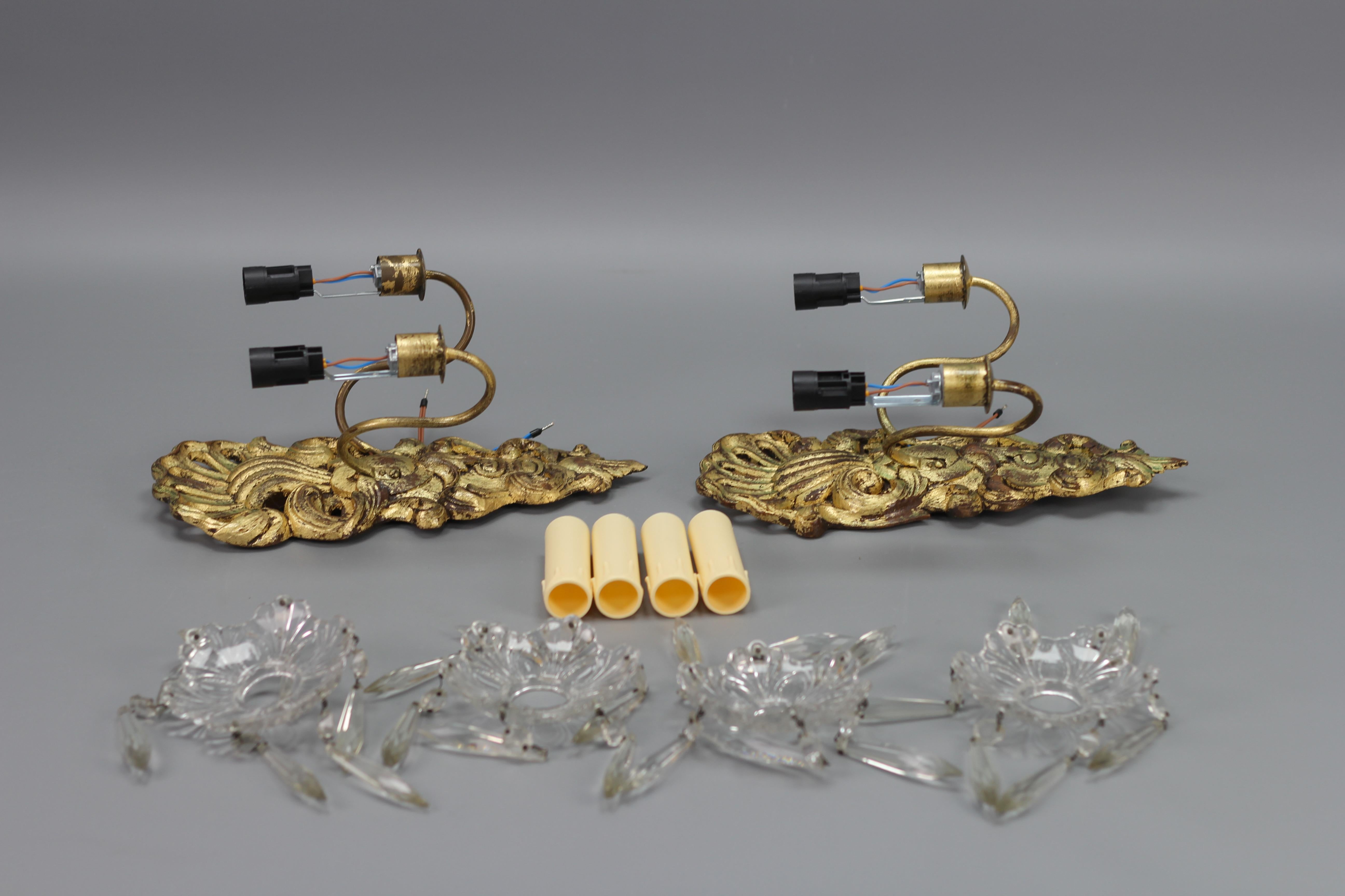 Pair of French Rococo Style Carved Giltwood and Crystal Glass Sconces For Sale 9