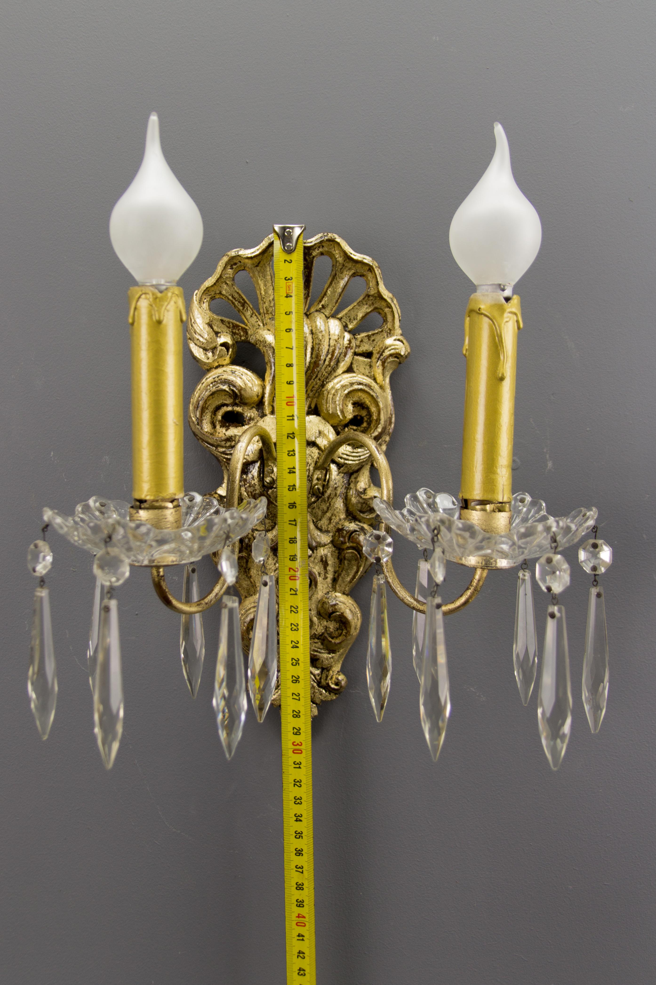 Pair of French Rococo Style Carved Wood and Crystal Glass Sconces 5