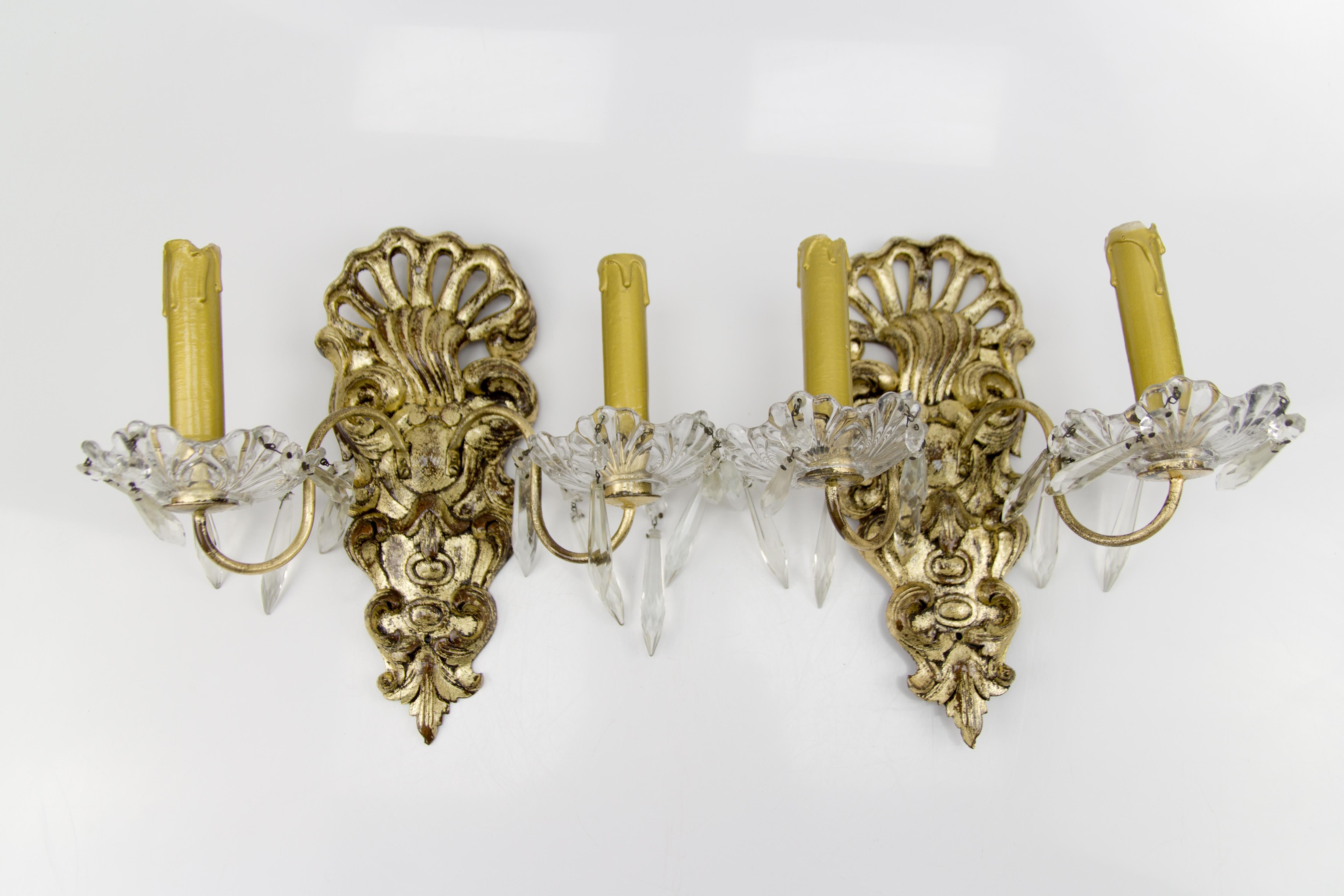 Pair of French Rococo Style Carved Wood and Crystal Glass Sconces 6