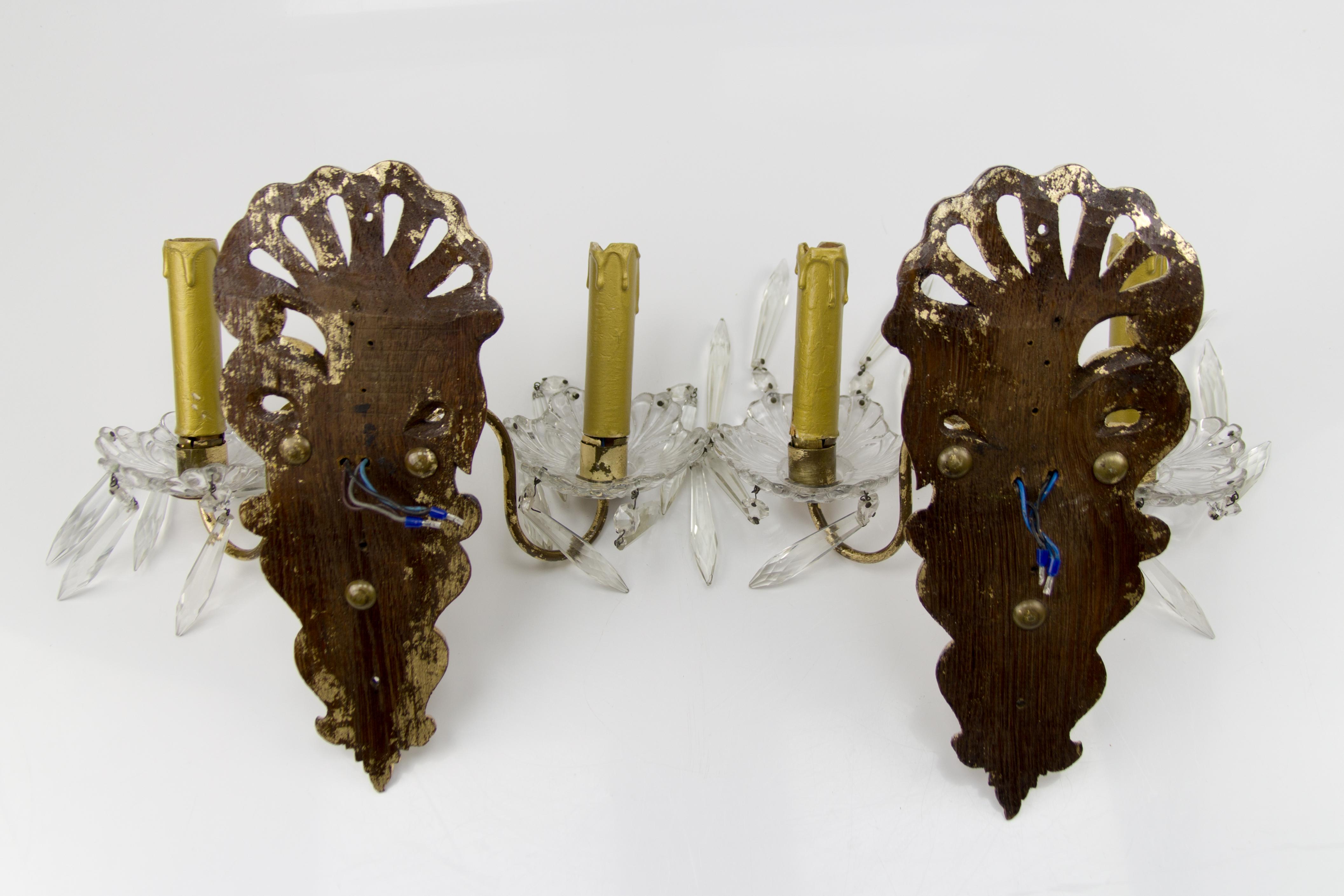 Pair of French Rococo Style Carved Wood and Crystal Glass Sconces 7