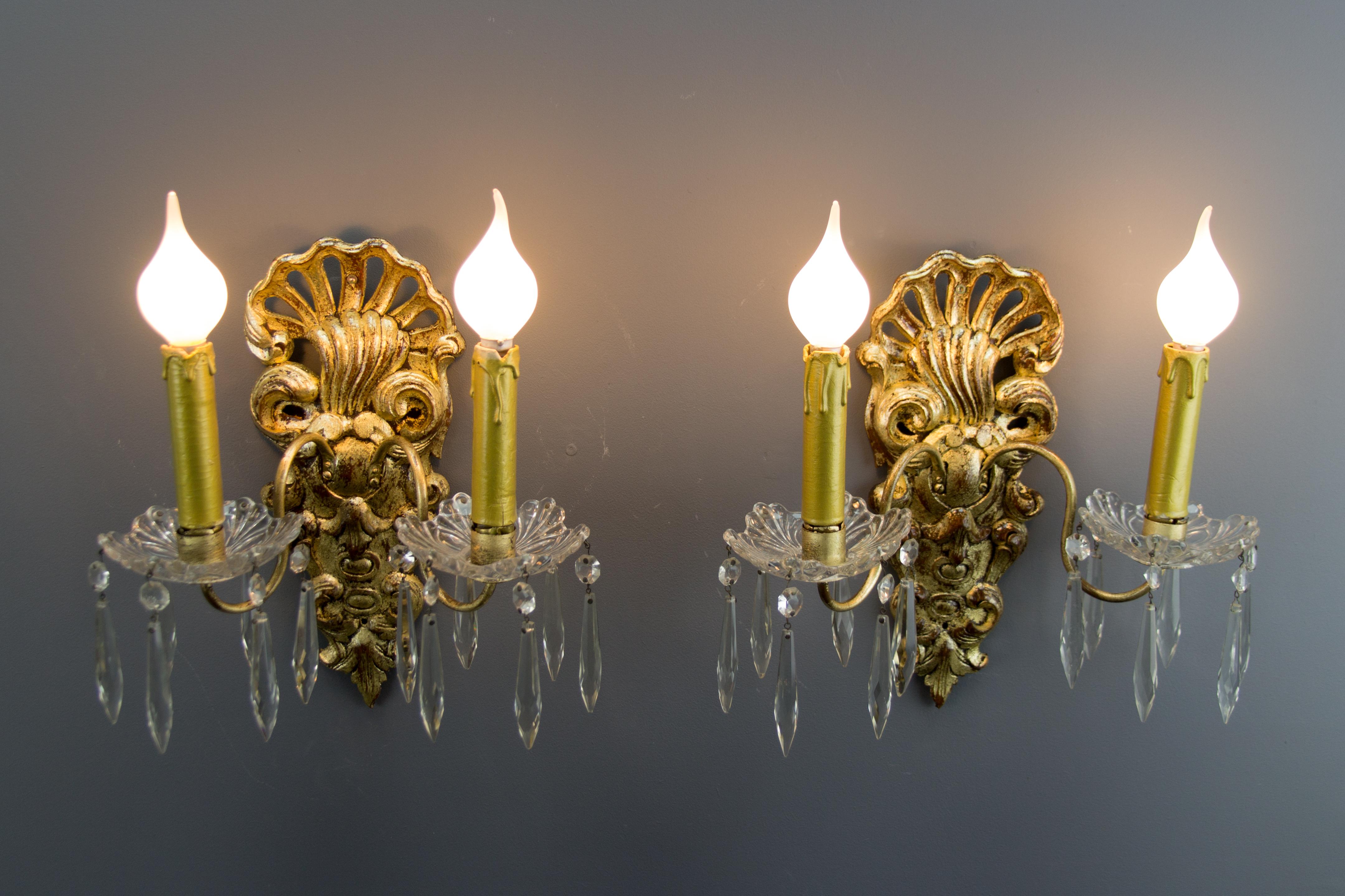Pair of French Rococo Style Carved Wood and Crystal Glass Sconces 15