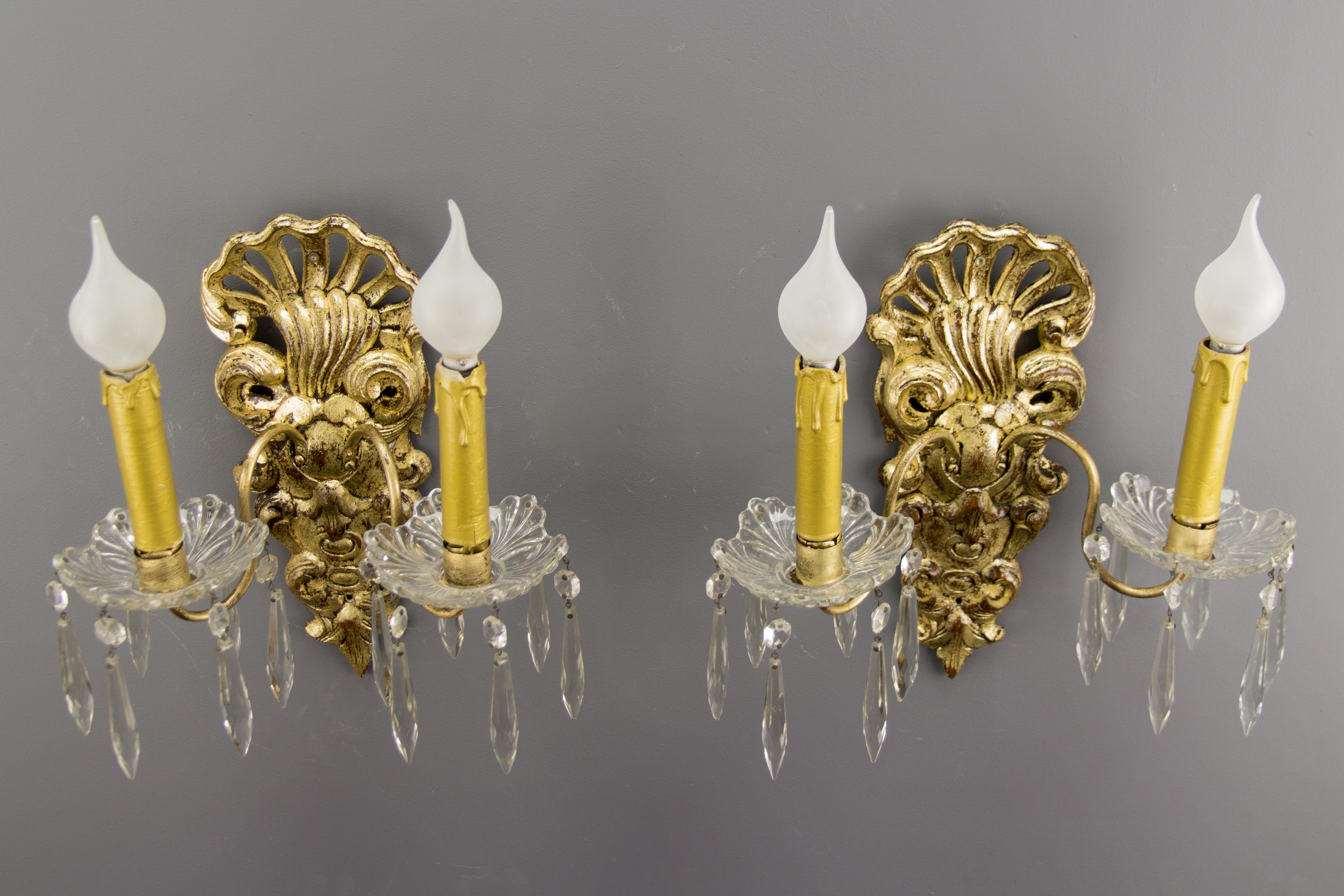 20th Century Pair of French Rococo Style Carved Wood and Crystal Glass Sconces