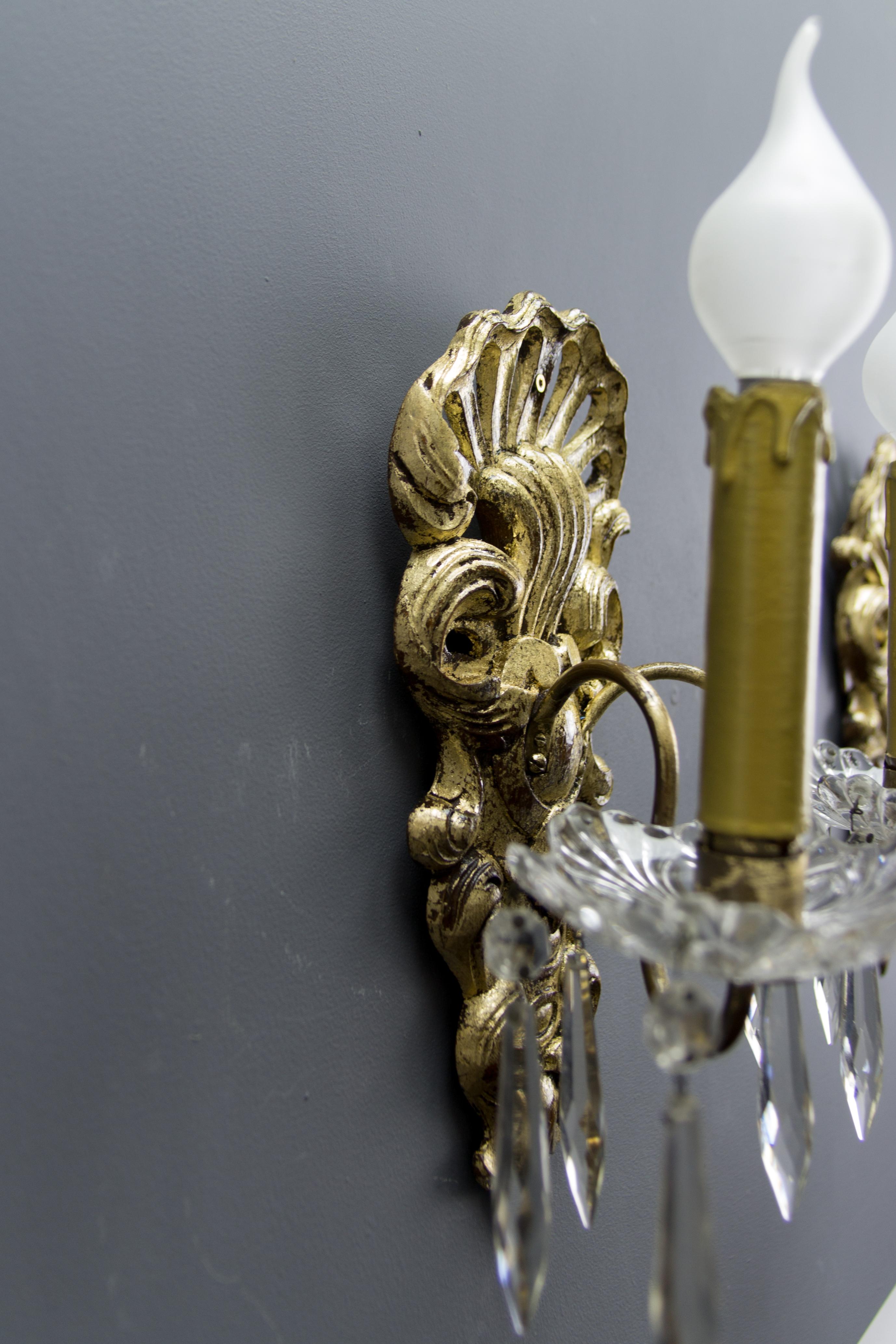 Brass Pair of French Rococo Style Carved Wood and Crystal Glass Sconces