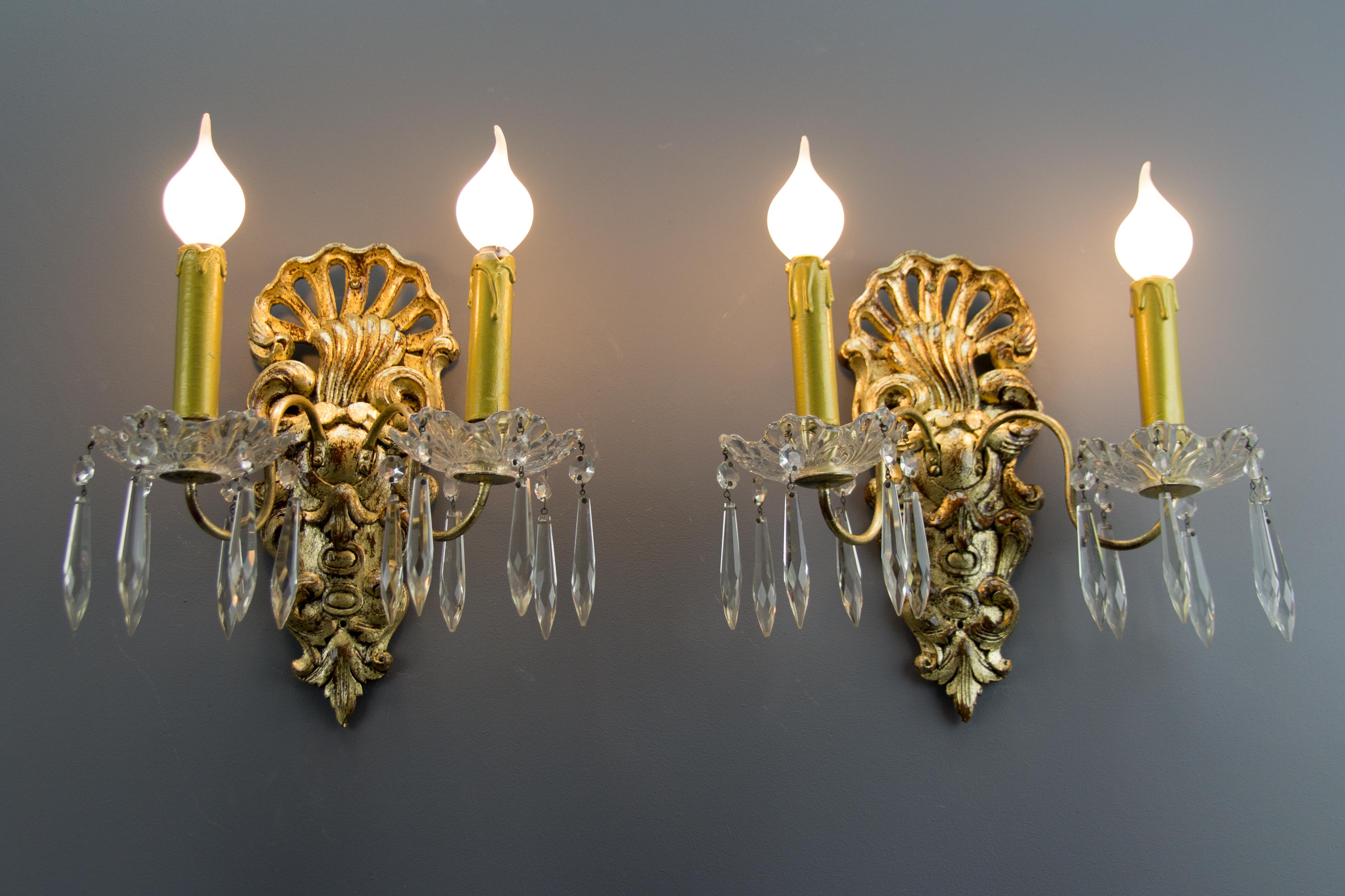 Pair of French Rococo Style Carved Wood and Crystal Glass Sconces 1