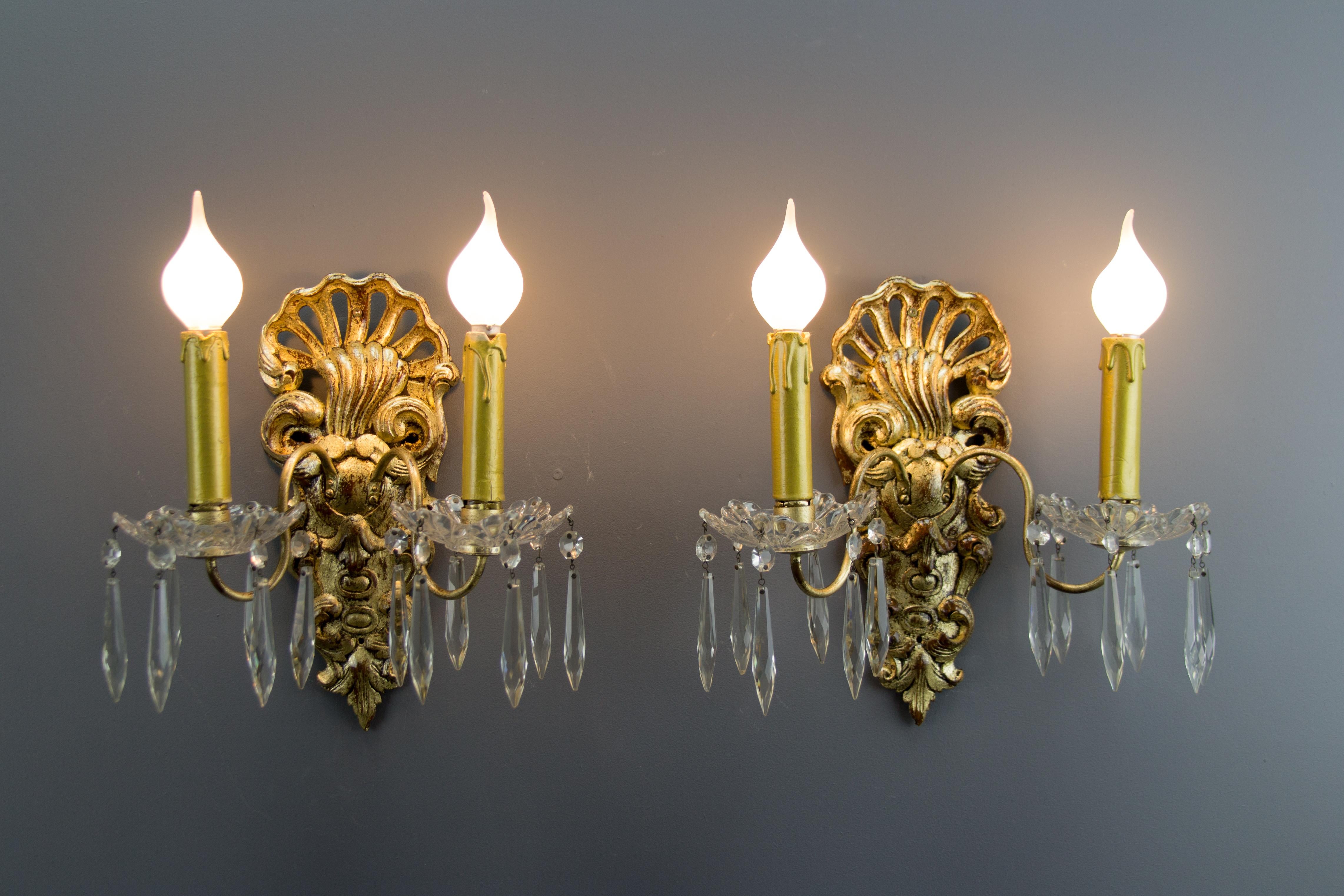 Pair of French Rococo Style Carved Wood and Crystal Glass Sconces 2