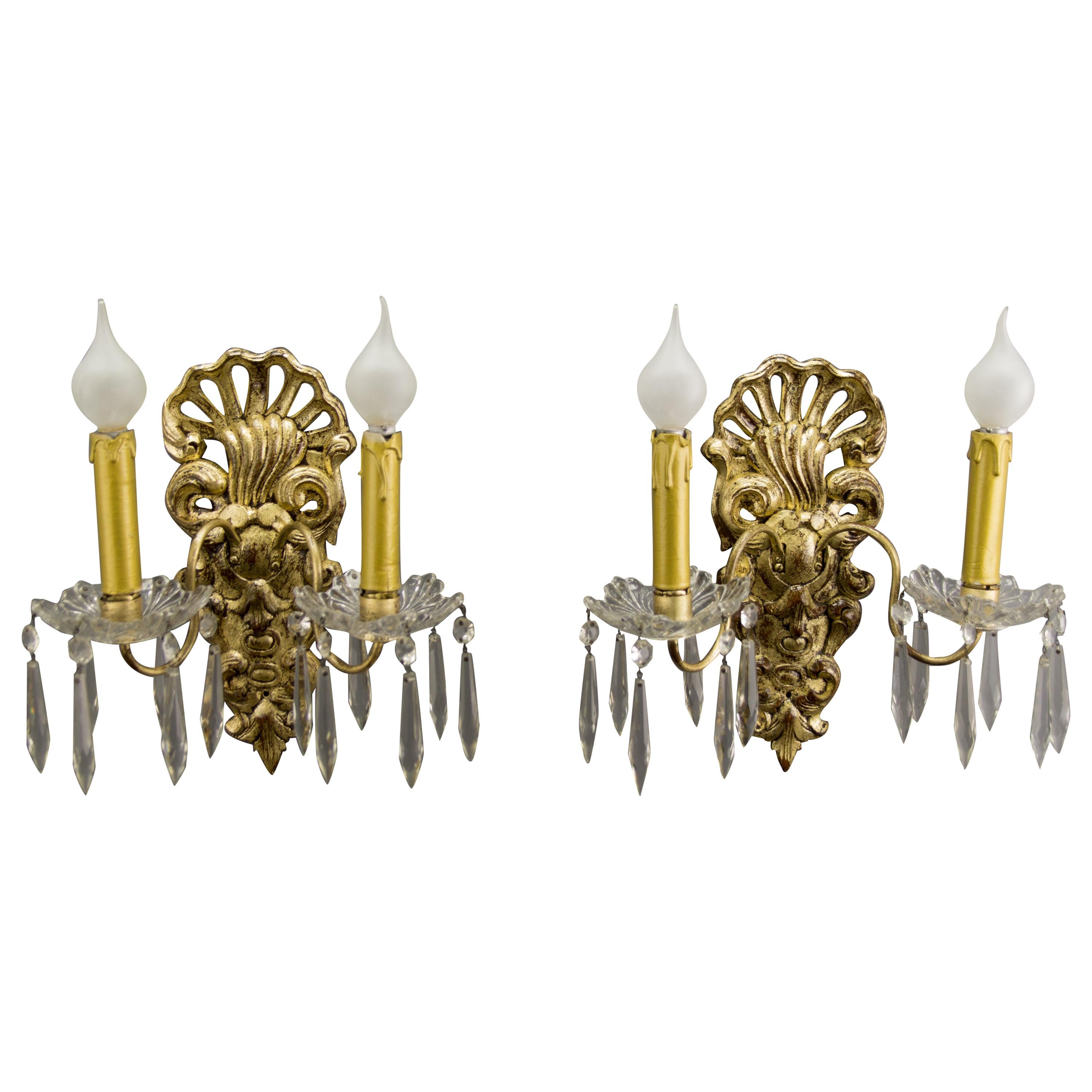 Pair of French Rococo Style Carved Wood and Crystal Glass Sconces