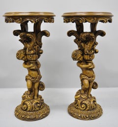 Pair of French Rococo Style Figural Cherub Angel Pedestal Plant Stands Table