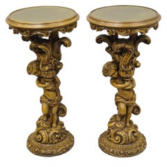 Pair of French Rococo Style Figural Cherub Angel Pedestal Plant Stands Table