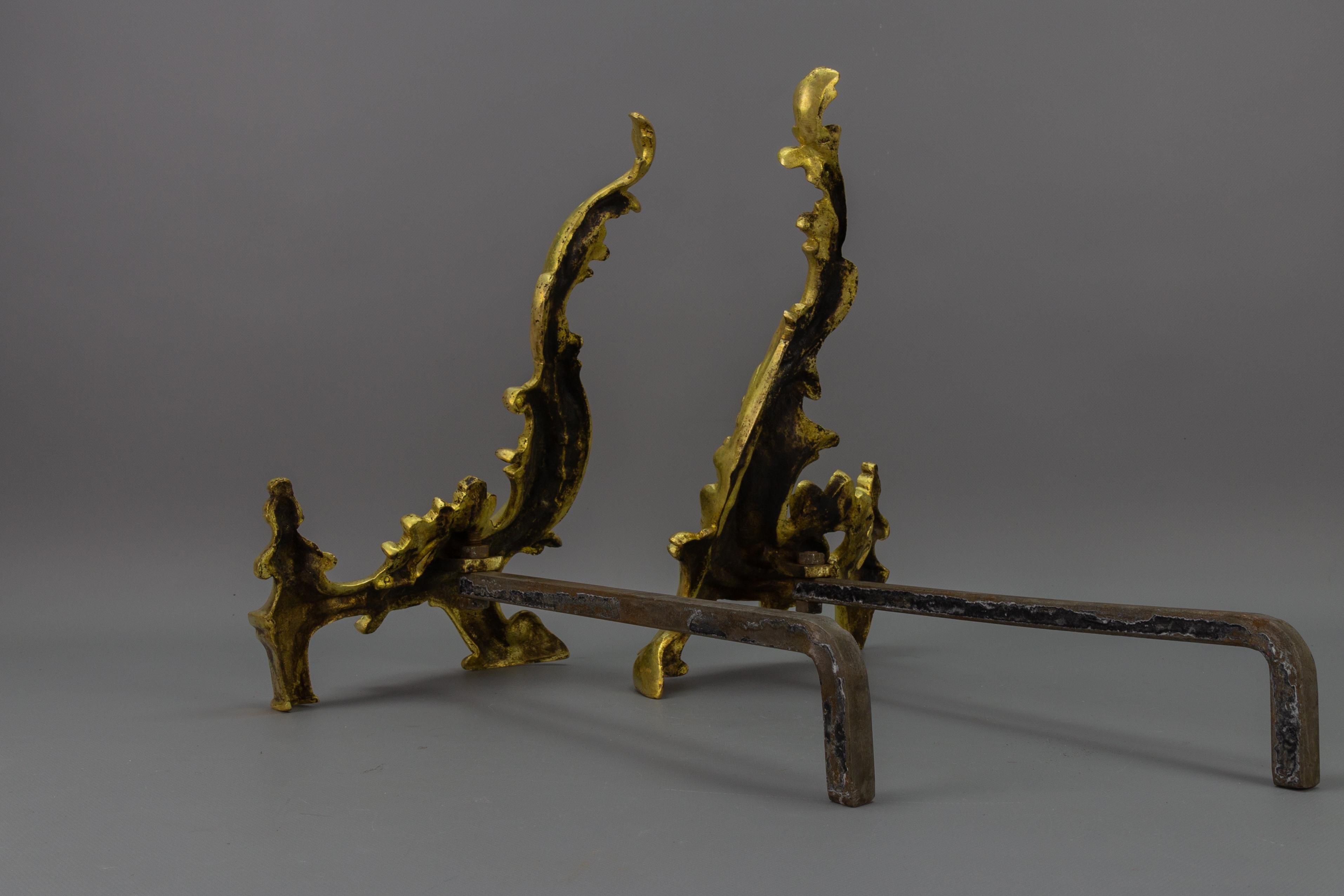 Pair of French Rococo Style Gilt Bronze and Iron Firedogs, Early 20th Century For Sale 6