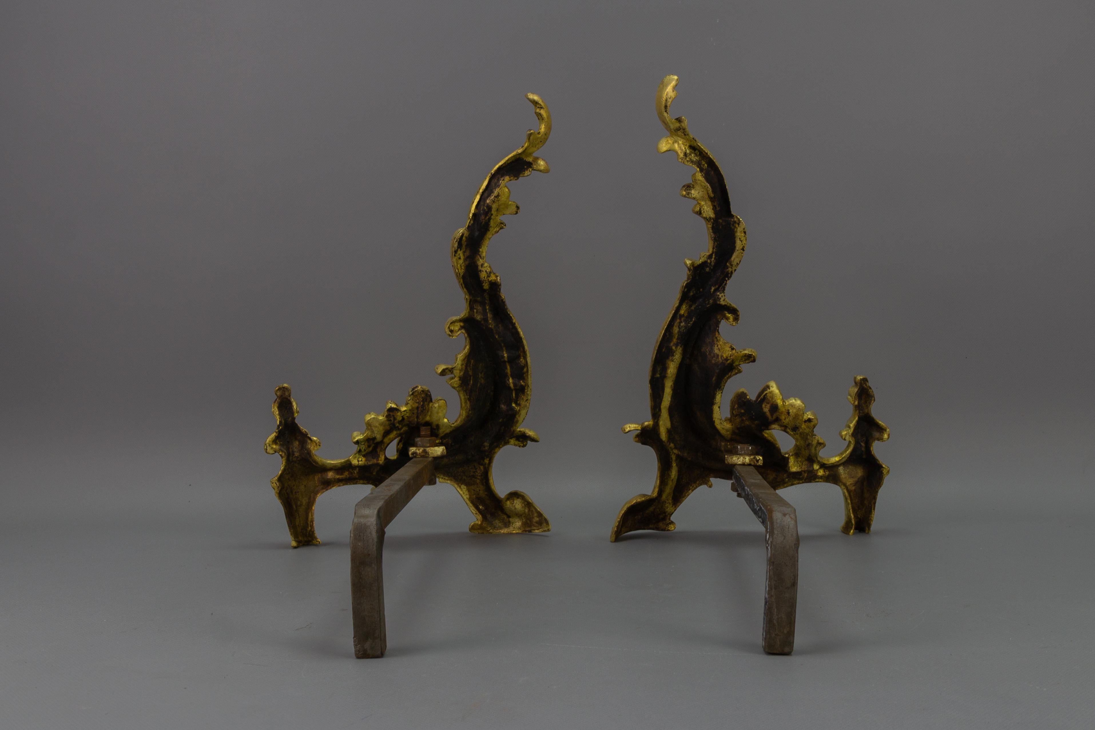 Pair of French Rococo Style Gilt Bronze and Iron Firedogs, Early 20th Century For Sale 7