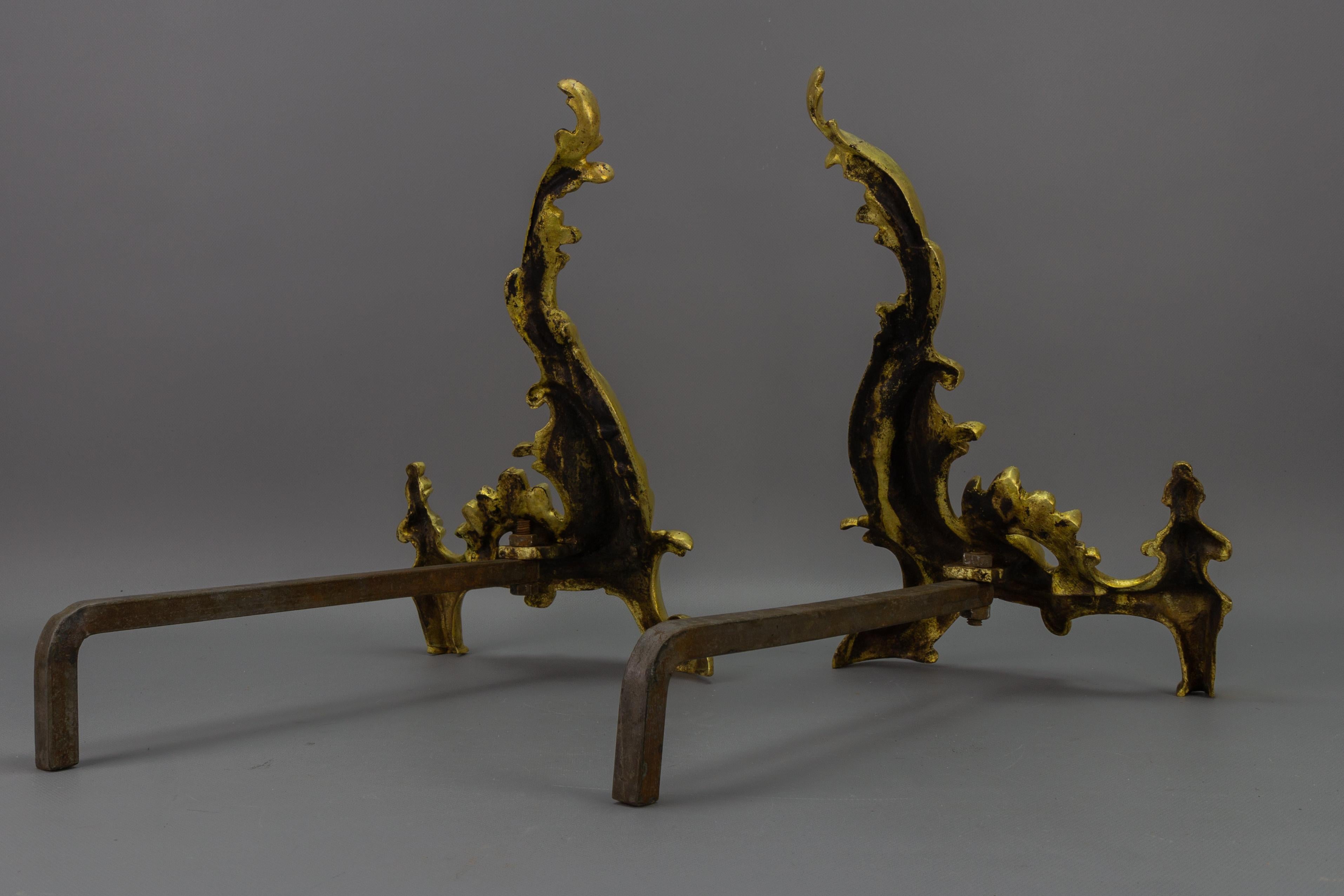 Pair of French Rococo Style Gilt Bronze and Iron Firedogs, Early 20th Century For Sale 8