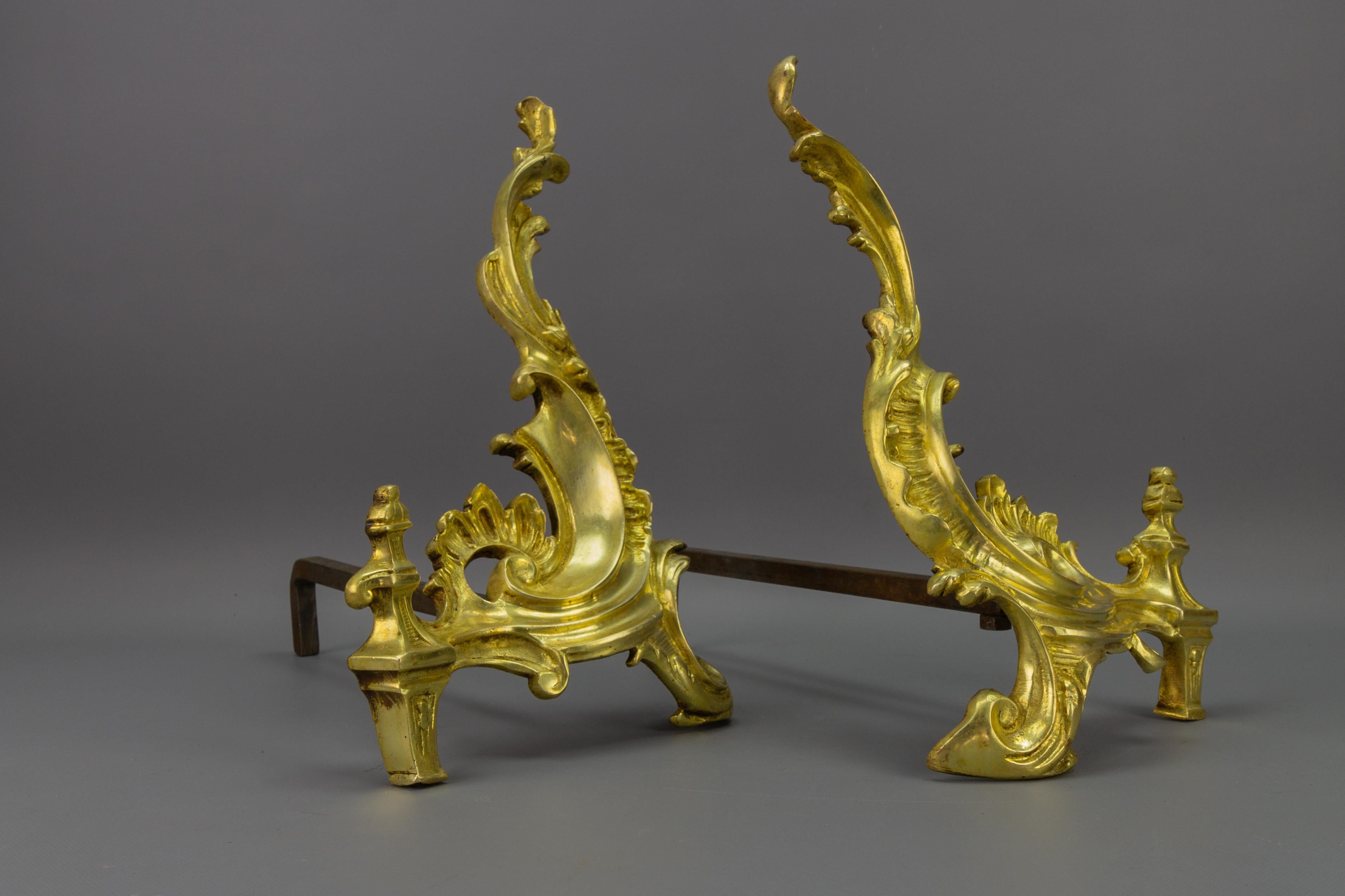 Pair of French Rococo Style Gilt Bronze and Iron Firedogs, Early 20th Century For Sale 9