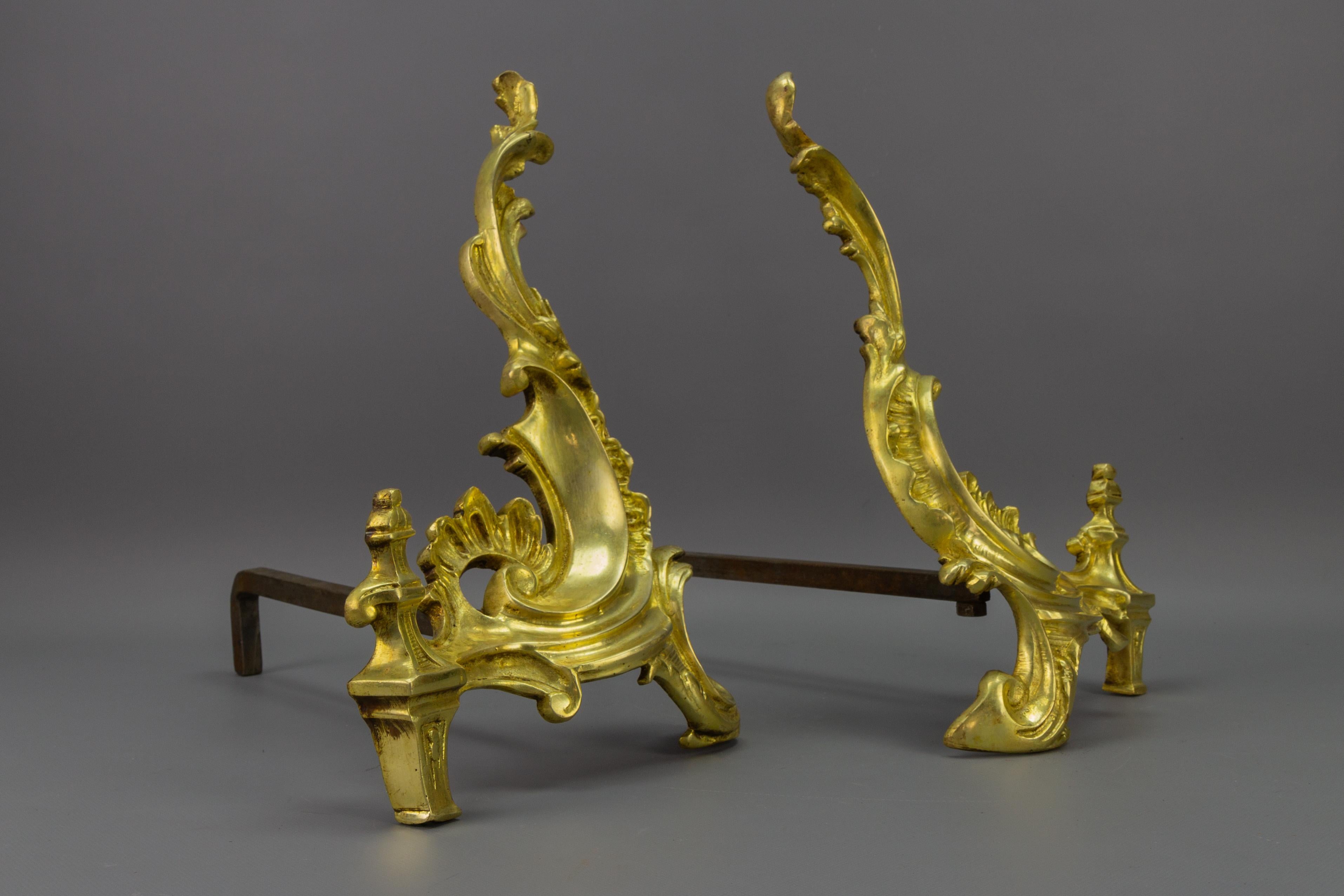 Pair of French Rococo Style Gilt Bronze and Iron Firedogs, Early 20th Century For Sale 10