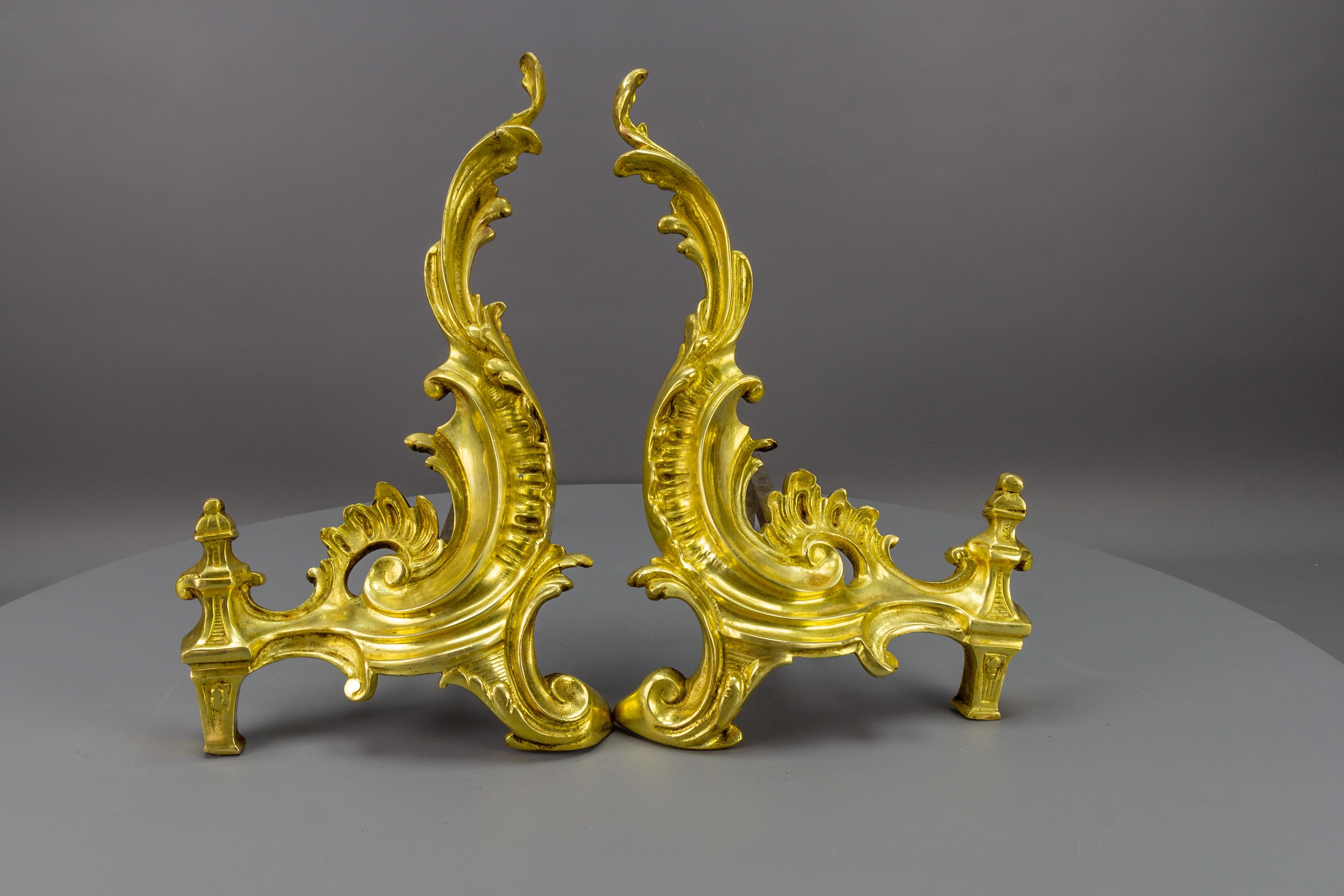 Pair of French Rococo Style Gilt Bronze and Iron Firedogs, Early 20th Century For Sale 11