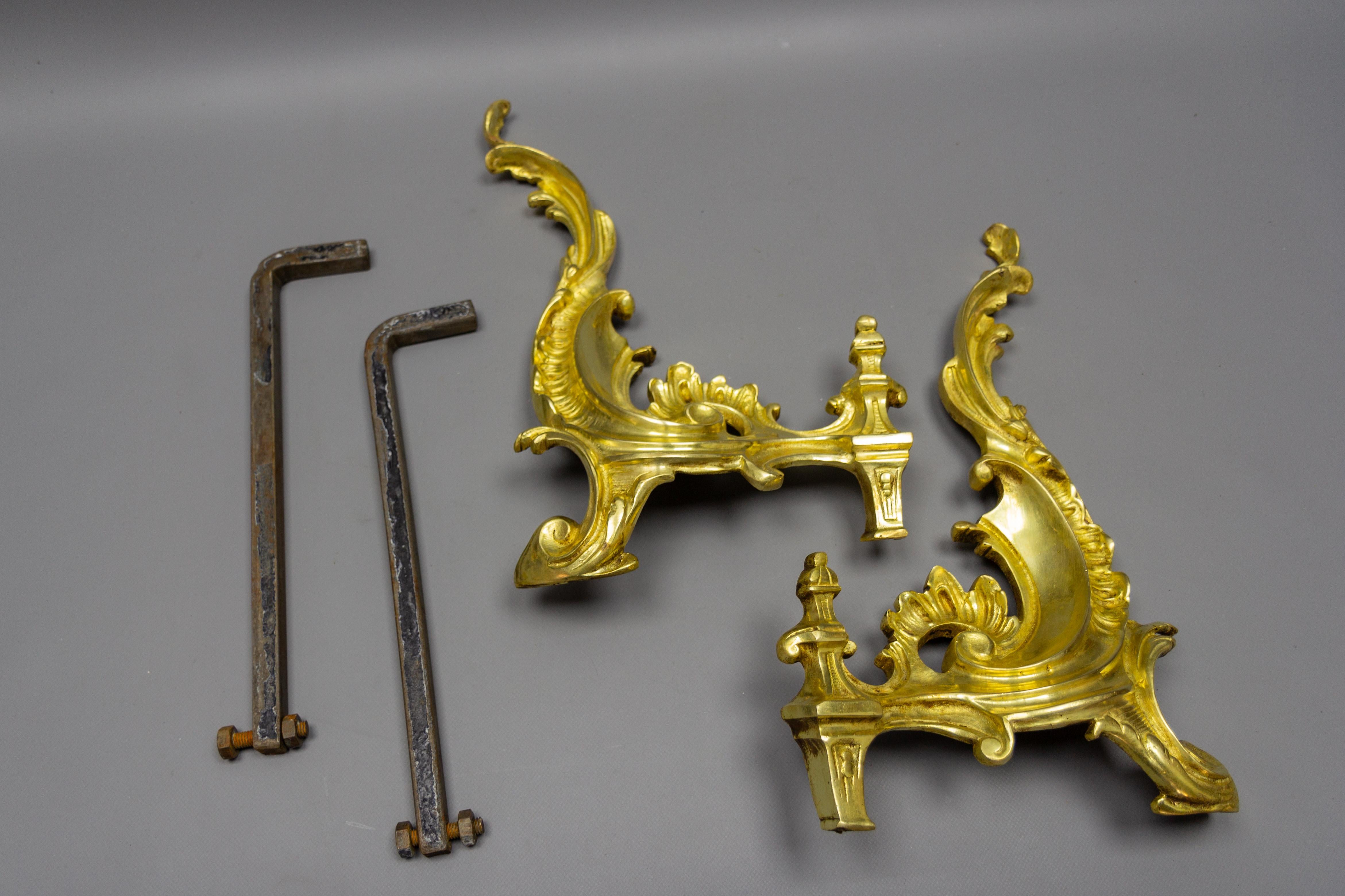 Pair of French Rococo Style Gilt Bronze and Iron Firedogs, Early 20th Century For Sale 12