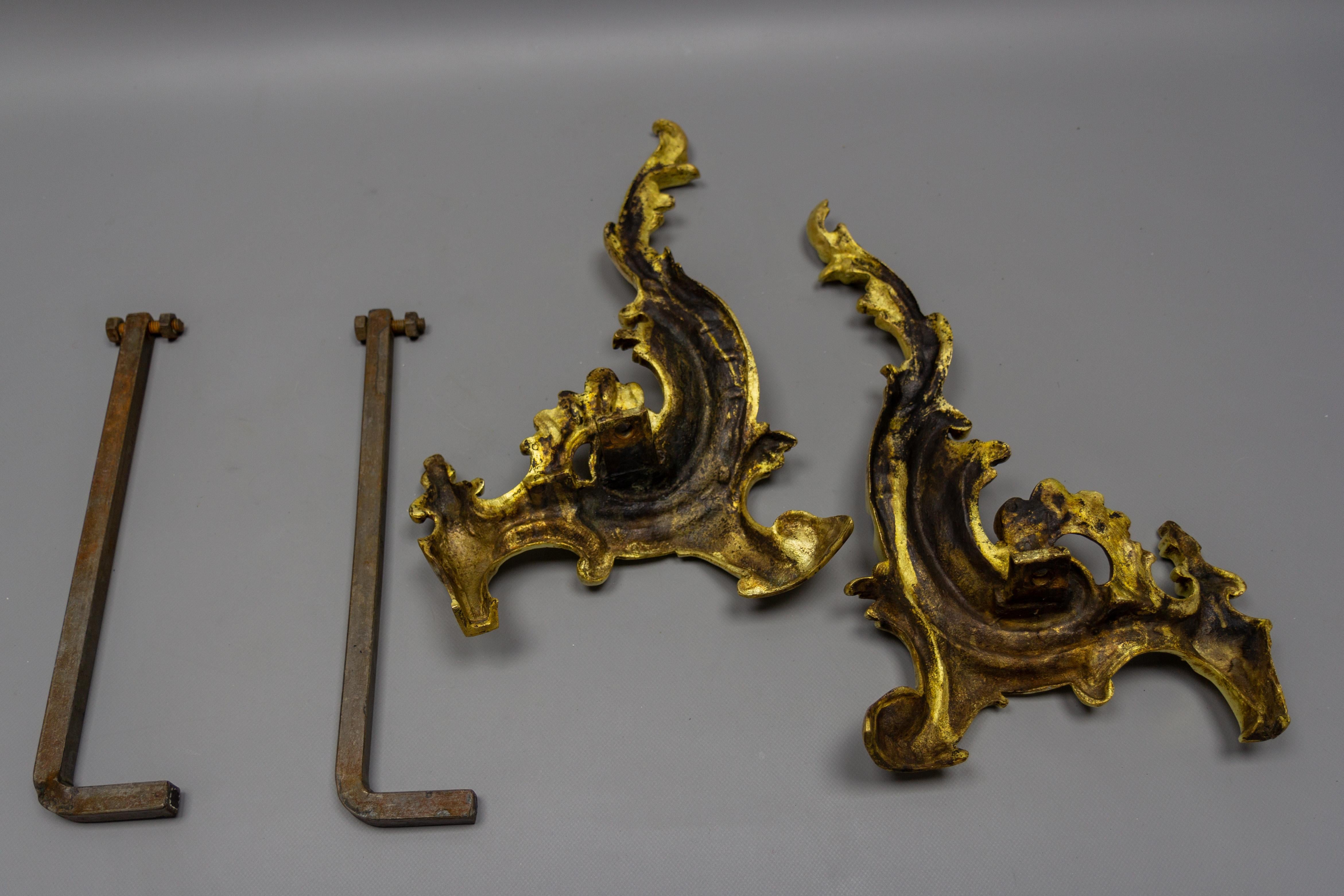 Pair of French Rococo Style Gilt Bronze and Iron Firedogs, Early 20th Century For Sale 13
