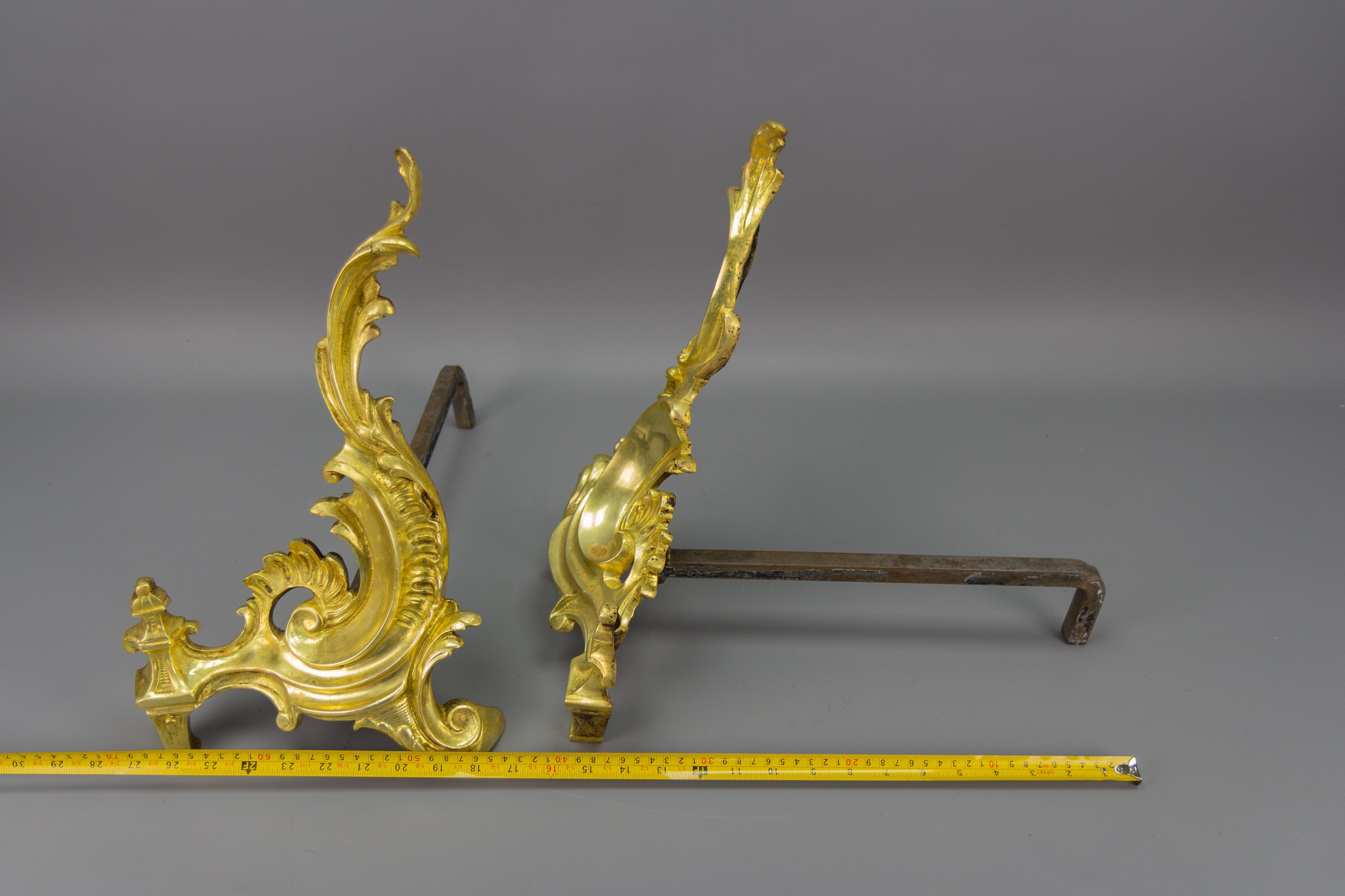 Pair of French Rococo Style Gilt Bronze and Iron Firedogs, Early 20th Century For Sale 14
