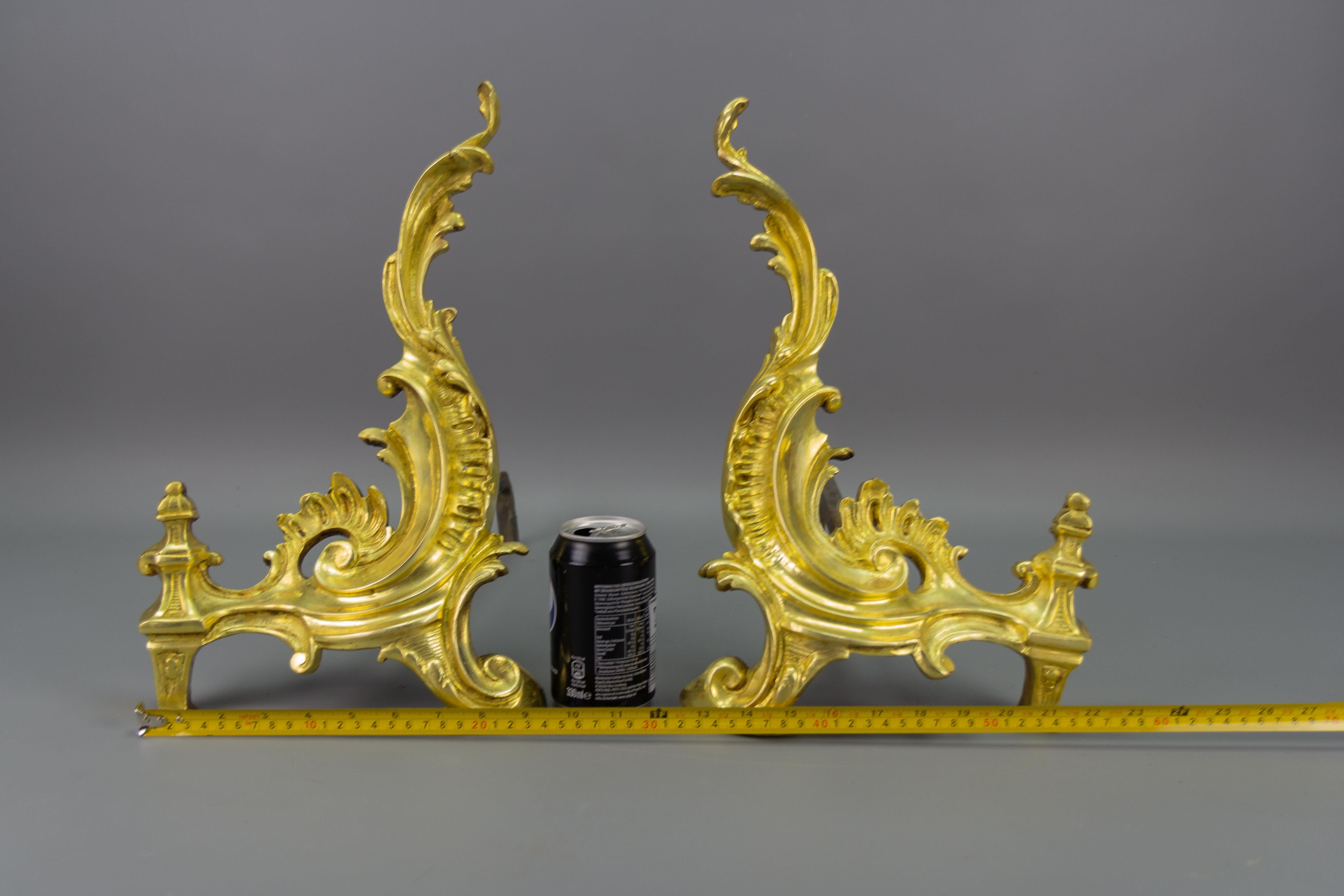 Pair of French Rococo Style Gilt Bronze and Iron Firedogs, Early 20th Century For Sale 15