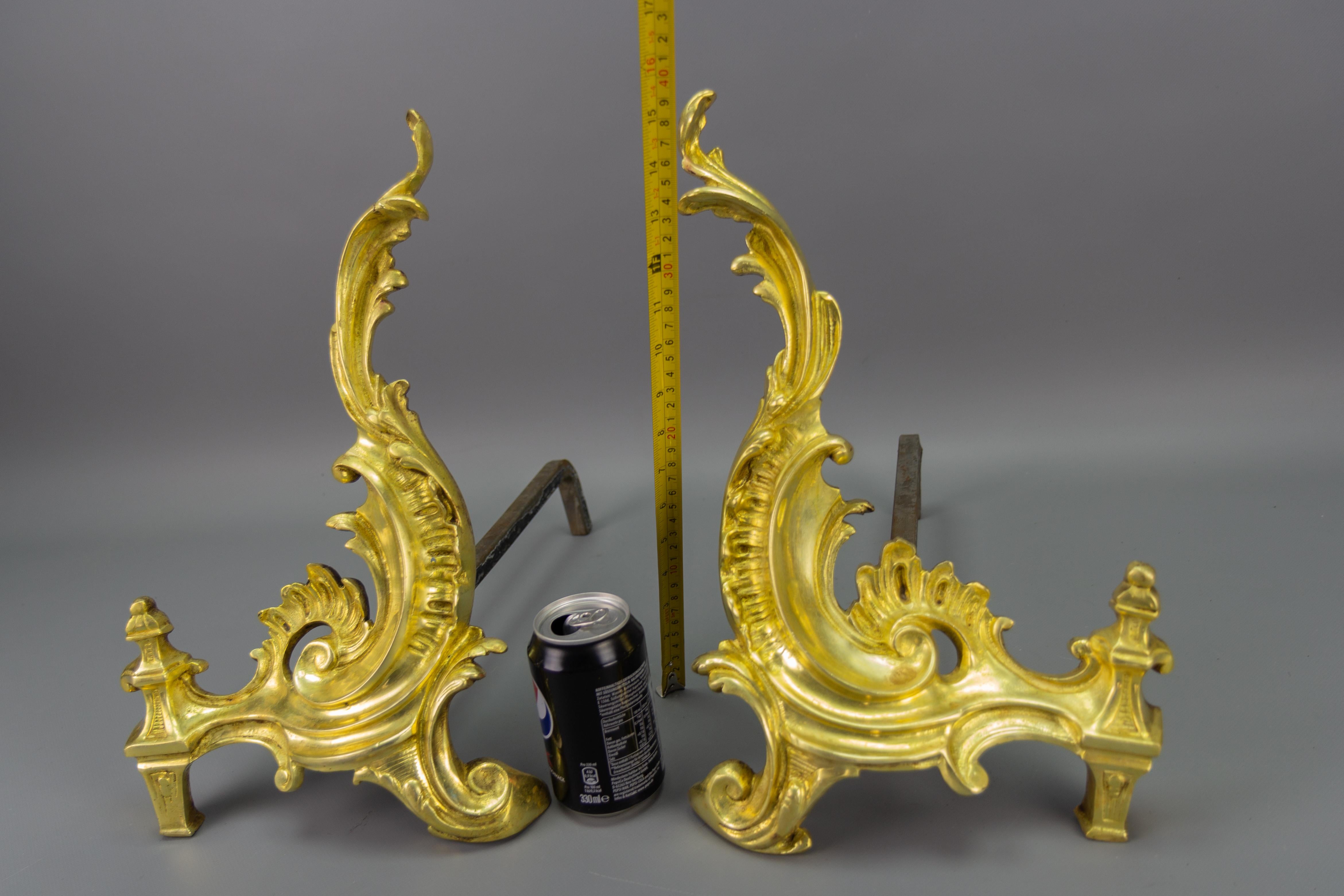 Pair of French Rococo Style Gilt Bronze and Iron Firedogs, Early 20th Century For Sale 16