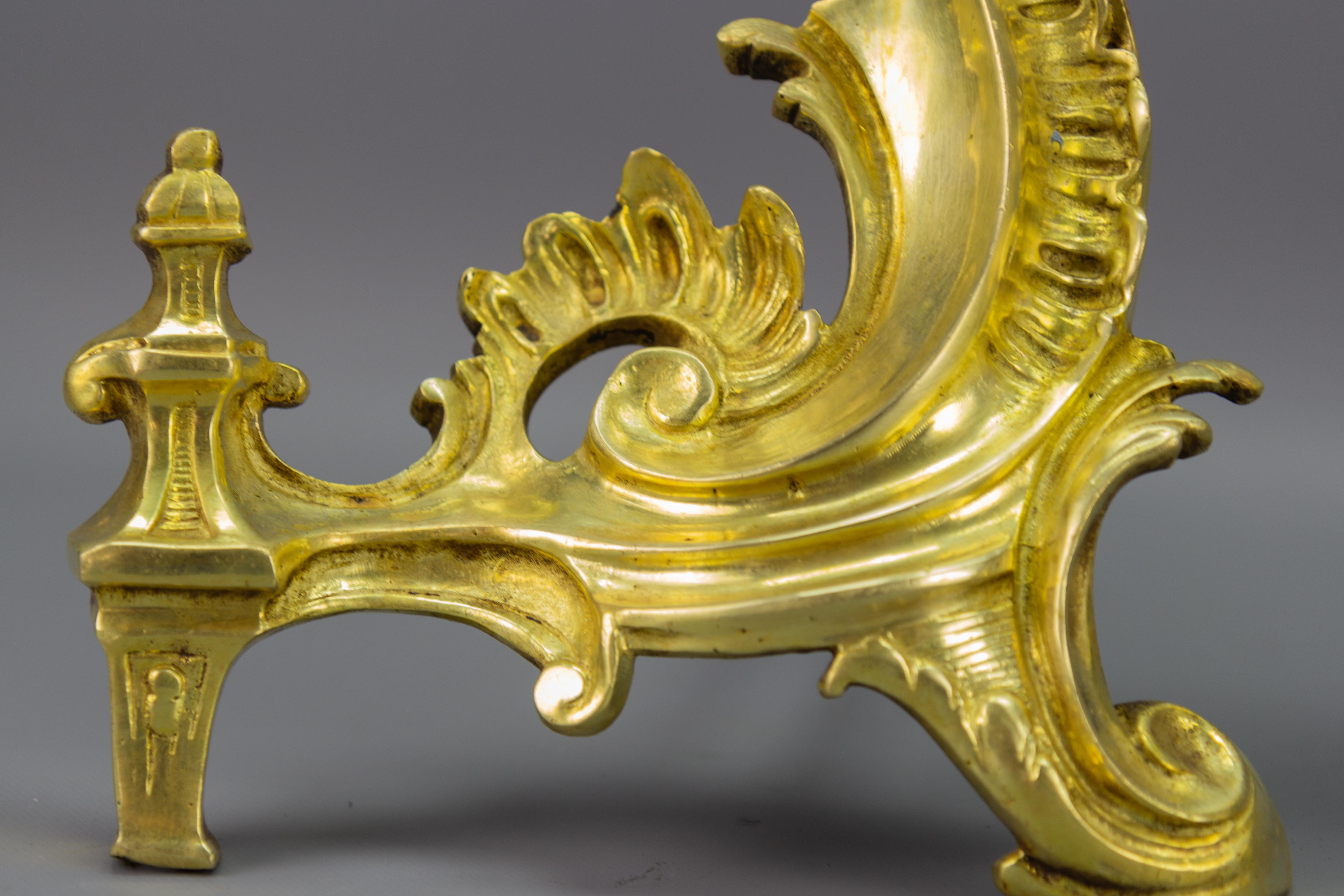 Pair of French Rococo Style Gilt Bronze and Iron Firedogs, Early 20th Century For Sale 1