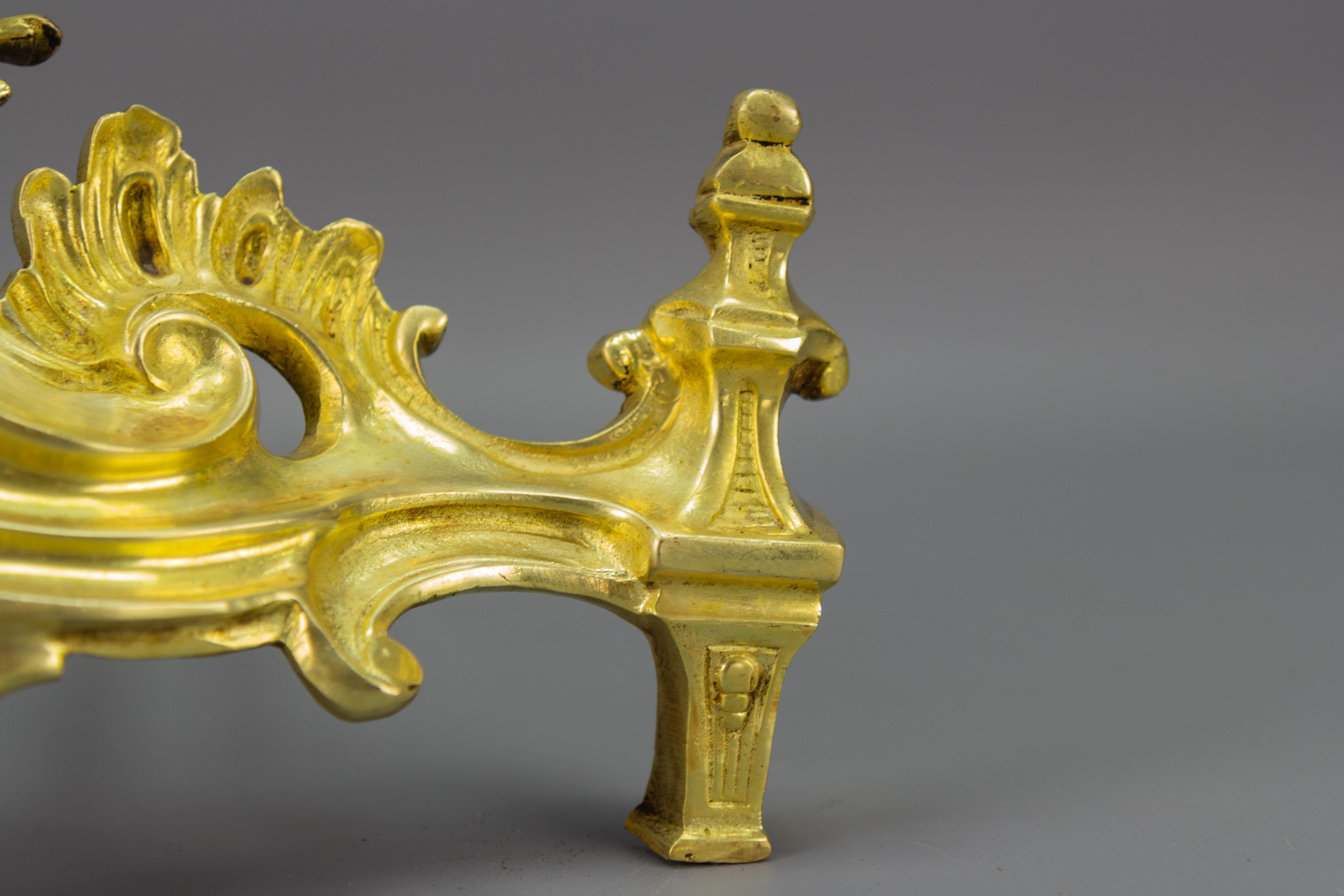 Pair of French Rococo Style Gilt Bronze and Iron Firedogs, Early 20th Century For Sale 2