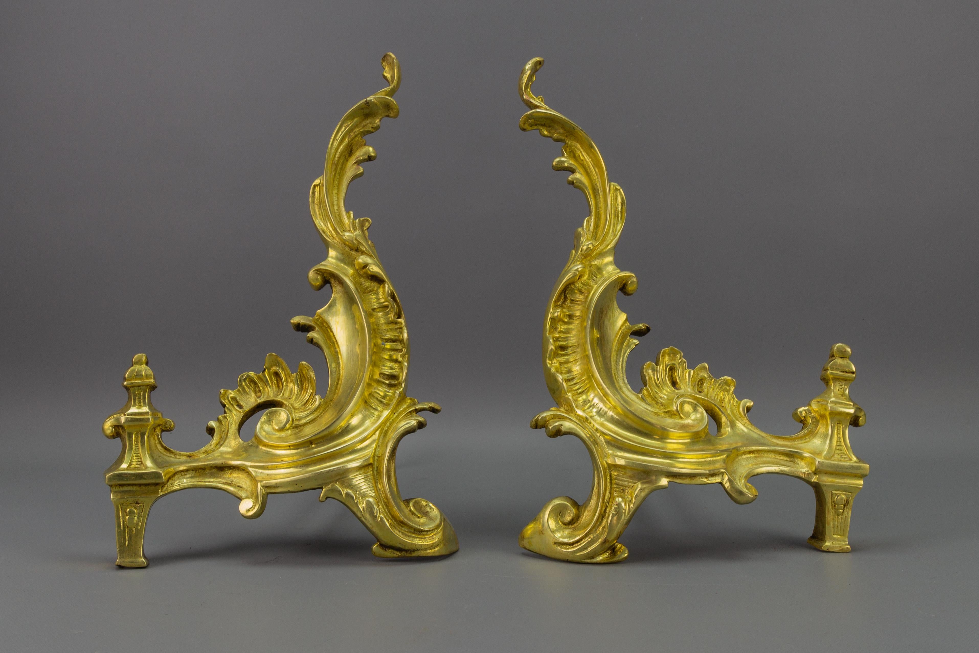 Pair of French Rococo Style Gilt Bronze and Iron Firedogs, Early 20th Century For Sale 3