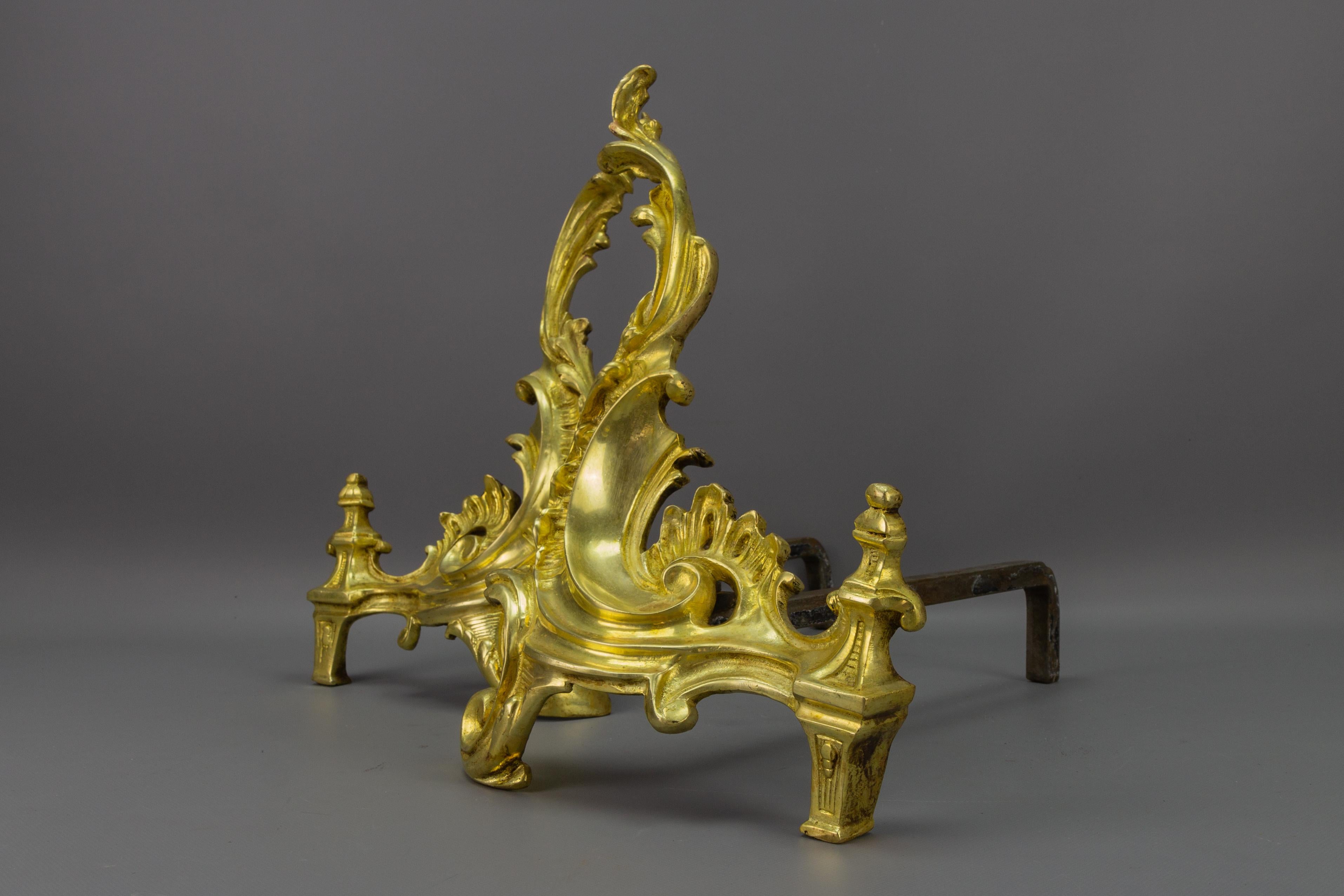 Pair of French Rococo Style Gilt Bronze and Iron Firedogs, Early 20th Century For Sale 4