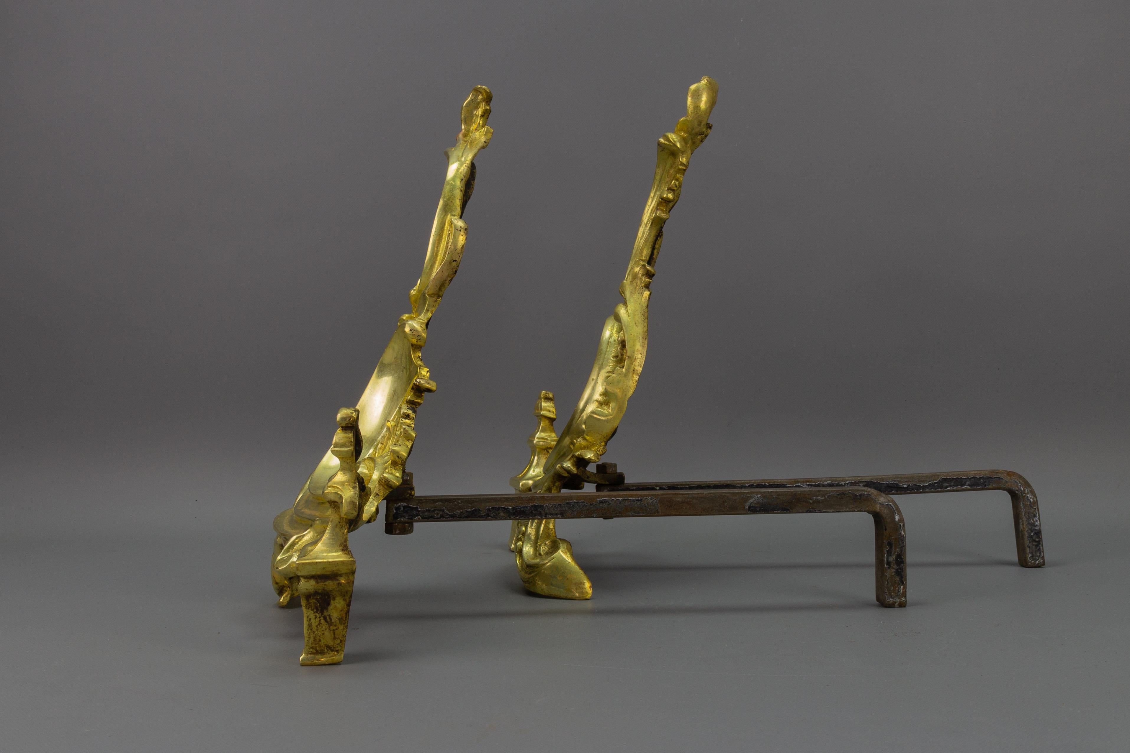 Pair of French Rococo Style Gilt Bronze and Iron Firedogs, Early 20th Century For Sale 5