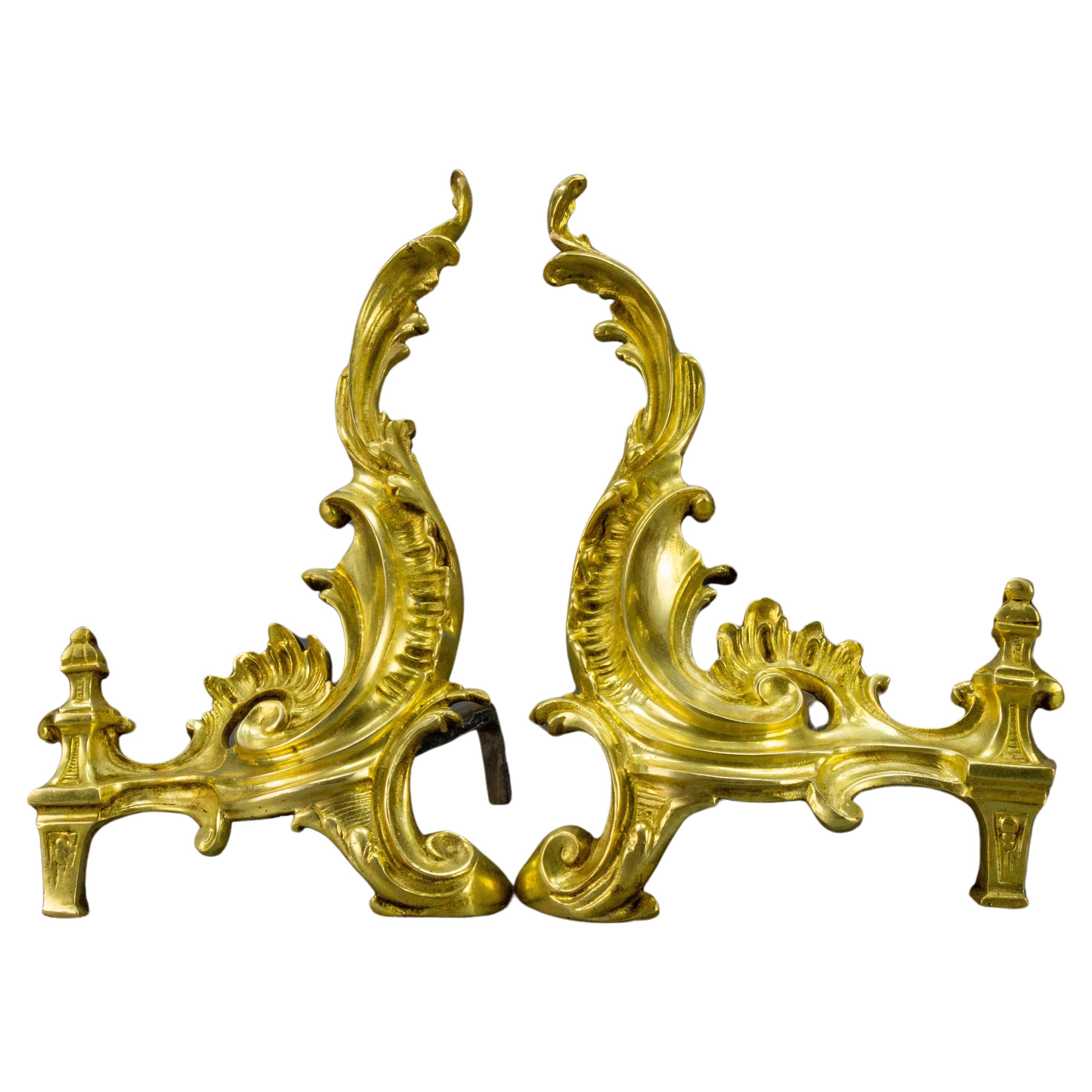 Pair of French Rococo Style Gilt Bronze and Iron Firedogs, Early 20th Century For Sale