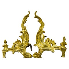 Vintage Pair of French Rococo Style Gilt Bronze and Iron Firedogs, Early 20th Century