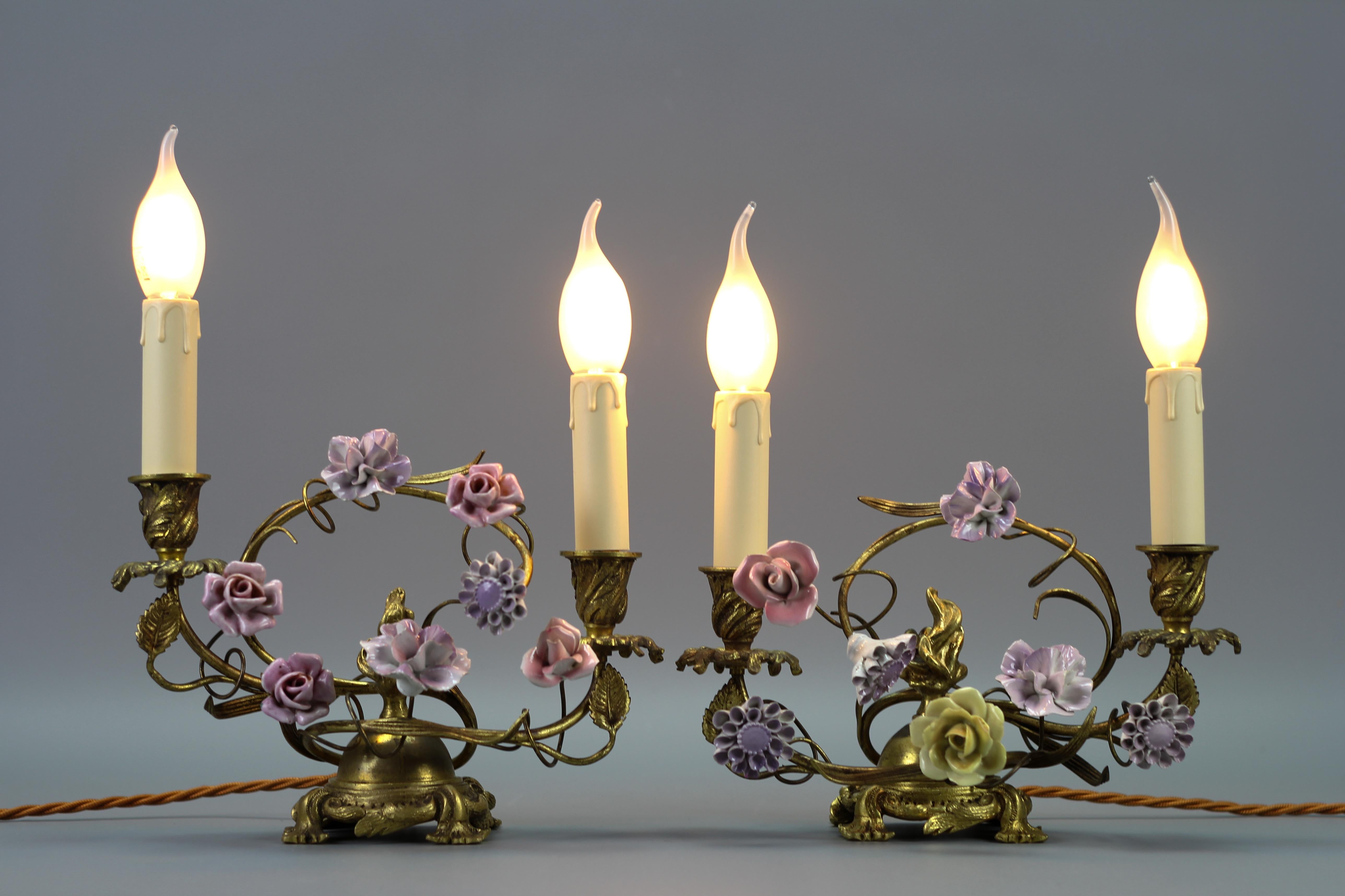 Pair of French Rococo Style Gilt Bronze and Porcelain Flower Table Lamps For Sale 6