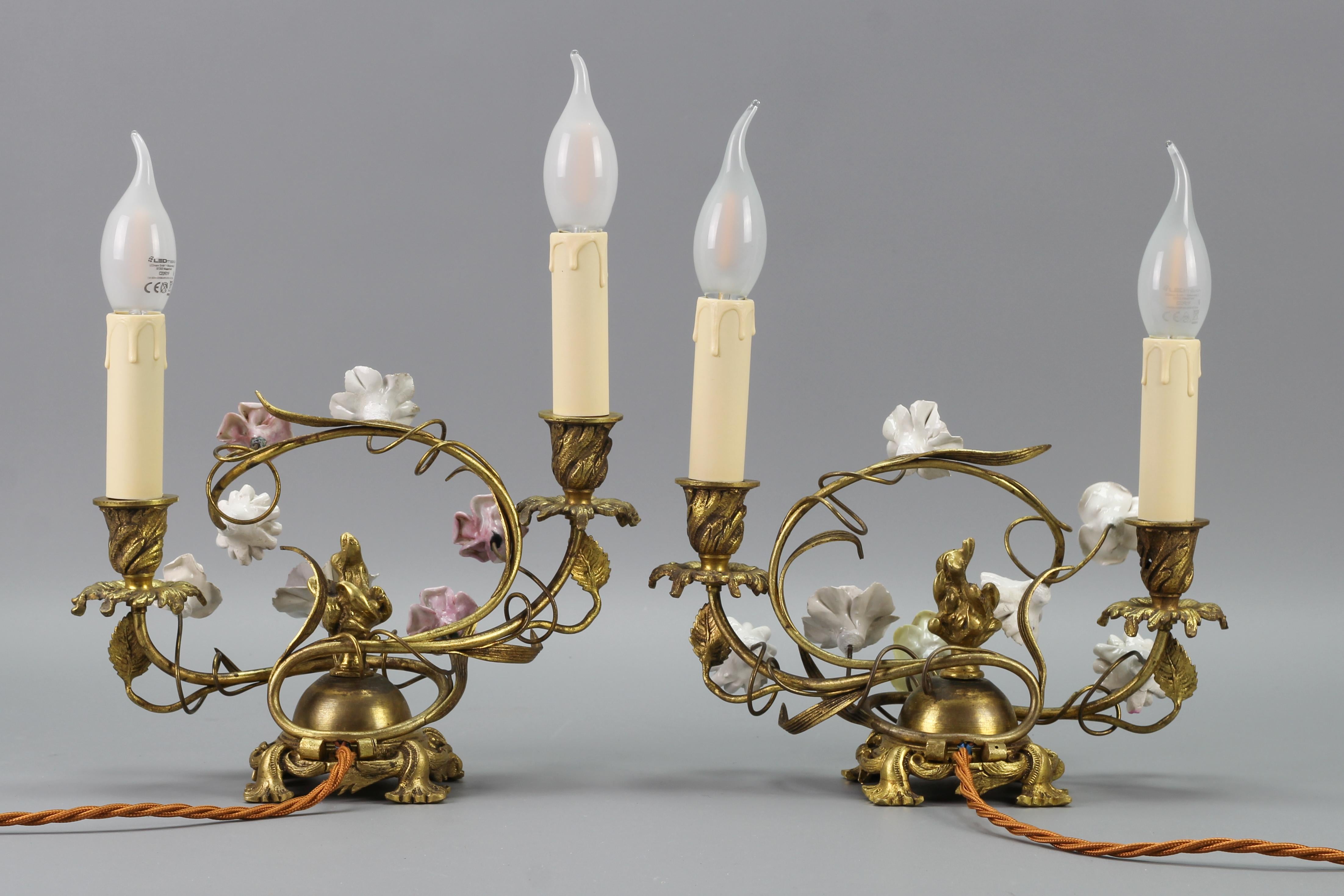 Pair of French Rococo Style Gilt Bronze and Porcelain Flower Table Lamps For Sale 7