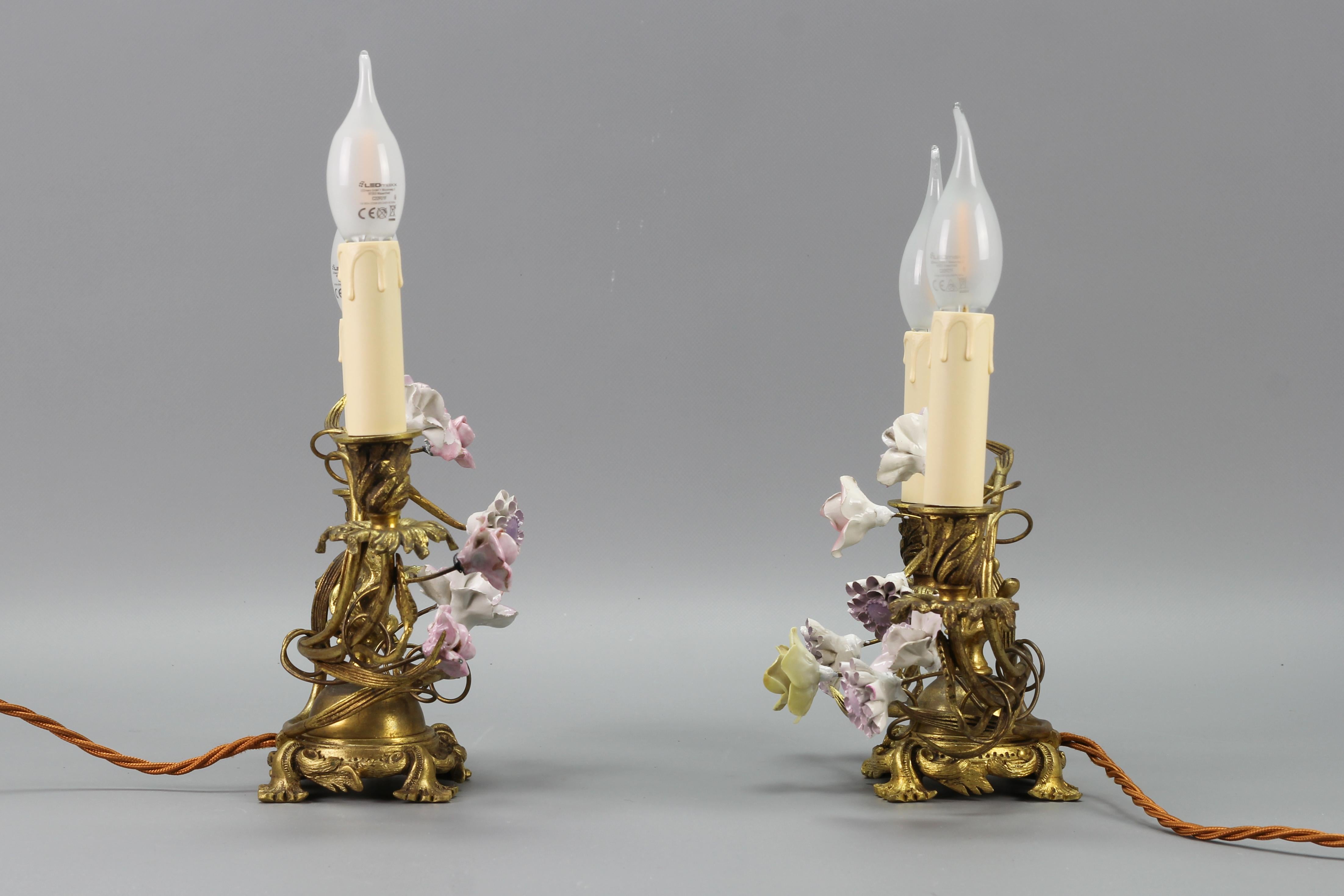 Pair of French Rococo Style Gilt Bronze and Porcelain Flower Table Lamps For Sale 8