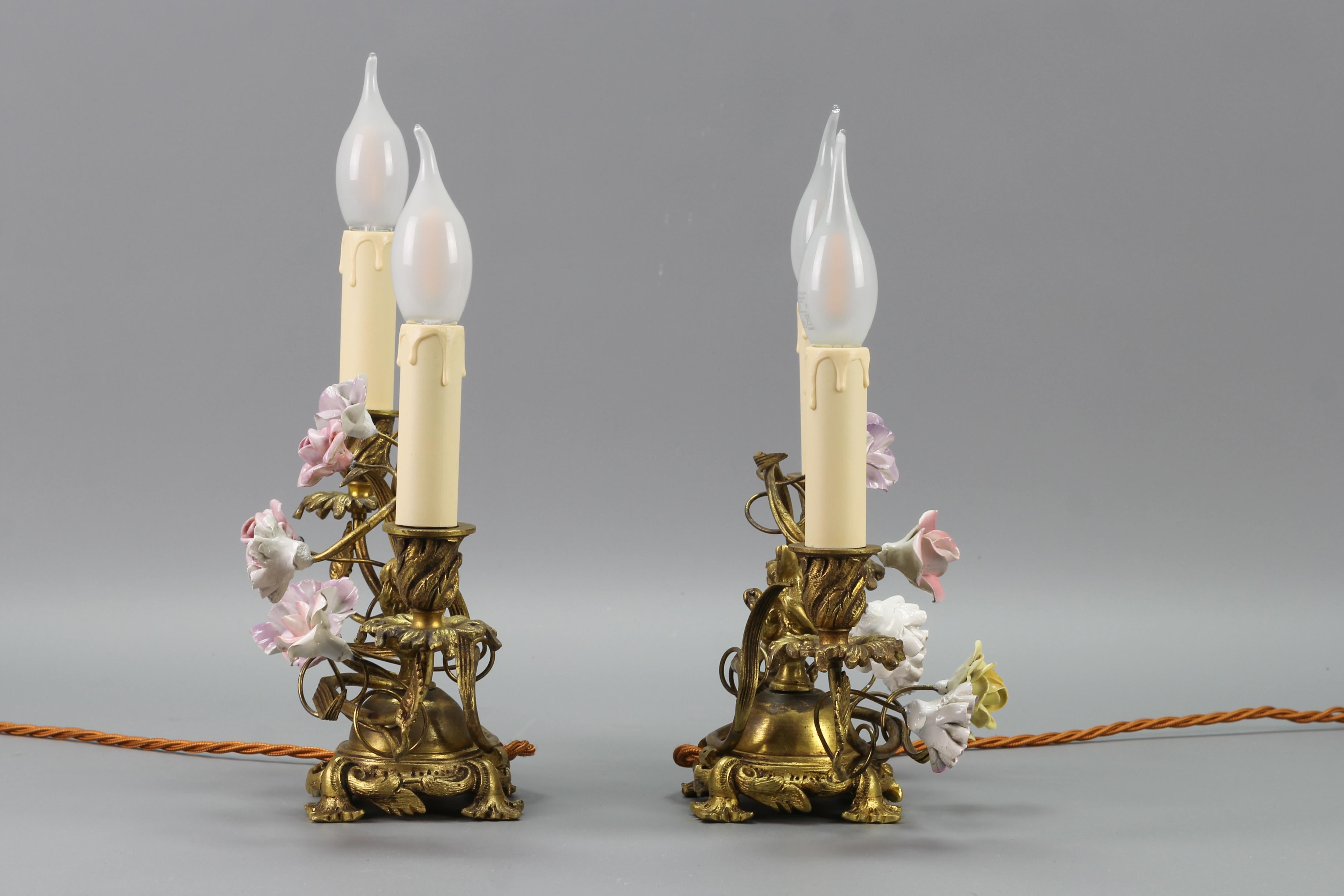 Pair of French Rococo Style Gilt Bronze and Porcelain Flower Table Lamps For Sale 9