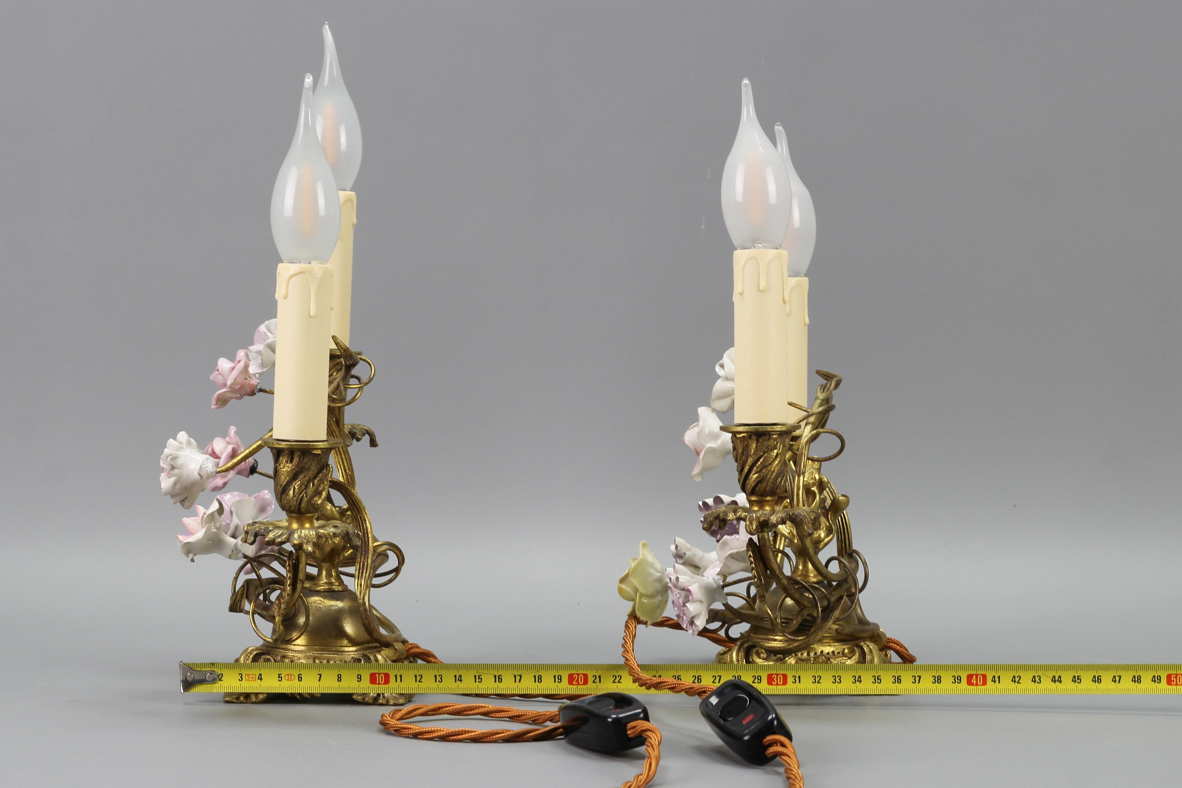 Pair of French Rococo Style Gilt Bronze and Porcelain Flower Table Lamps For Sale 10