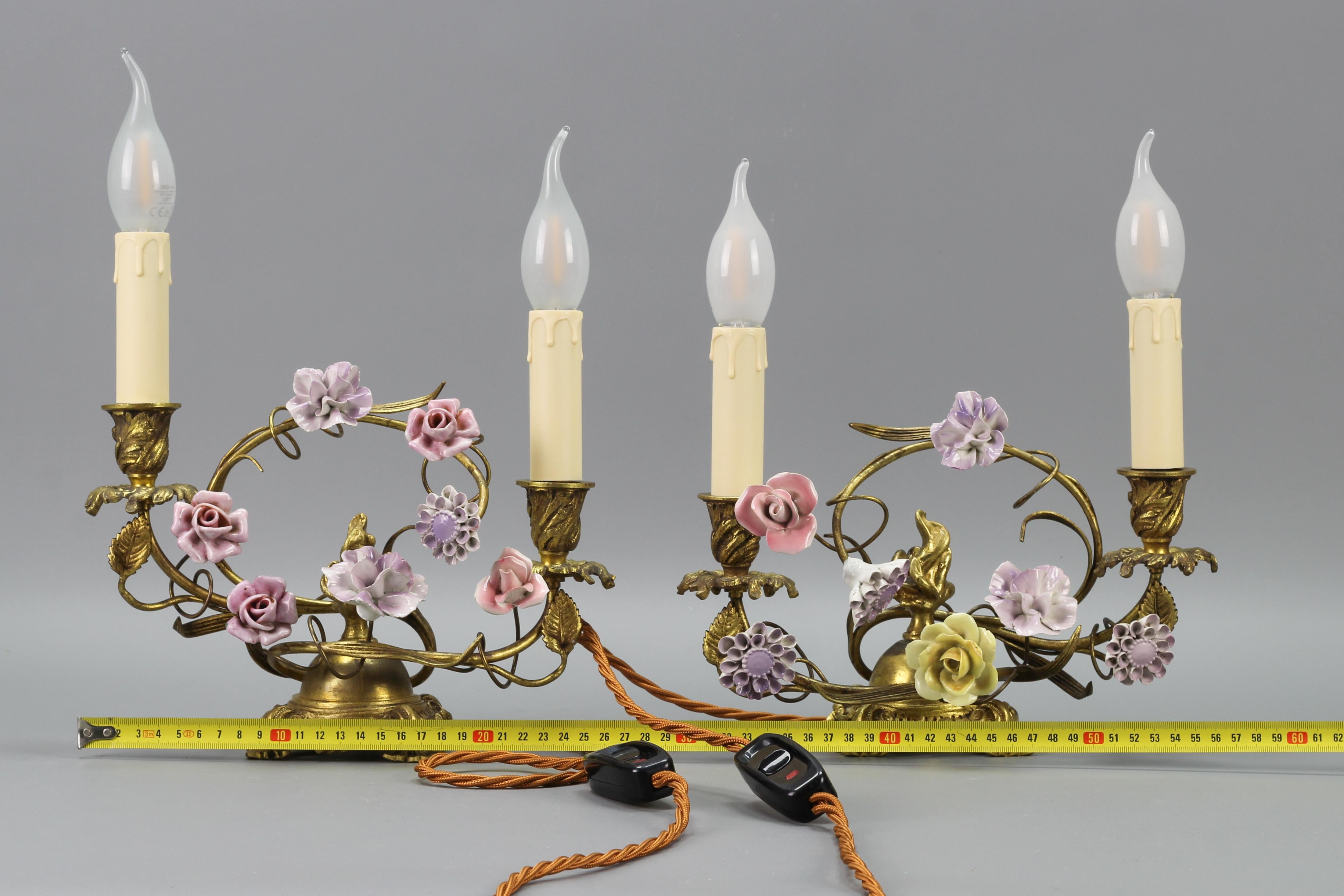Pair of French Rococo Style Gilt Bronze and Porcelain Flower Table Lamps For Sale 11