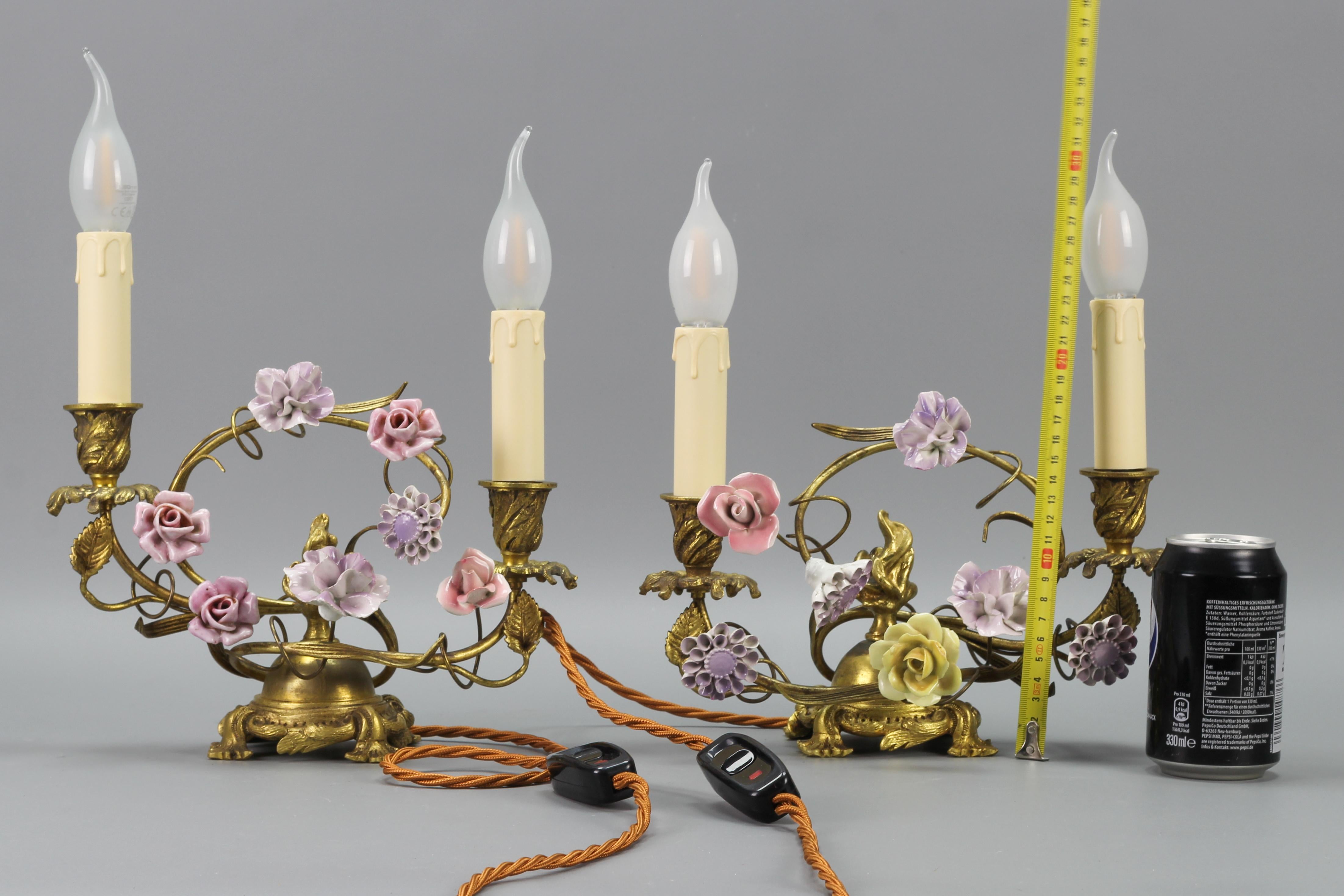 Pair of French Rococo Style Gilt Bronze and Porcelain Flower Table Lamps For Sale 12