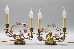 Pair of French Rococo Style Gilt Bronze and Porcelain Flower Table Lamps
