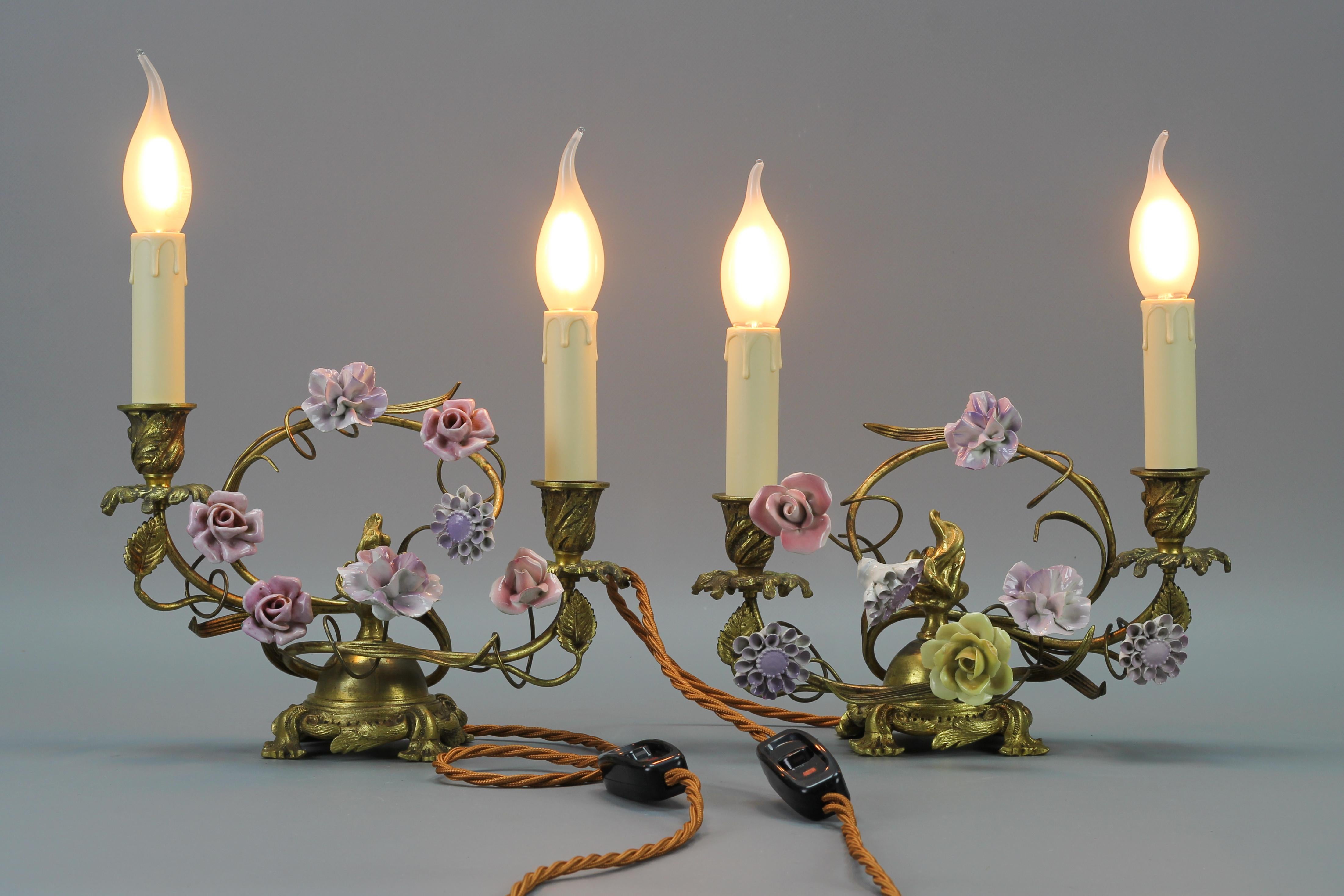 Pair of French Rococo Style Gilt Bronze and Porcelain Flower Table Lamps For Sale 16