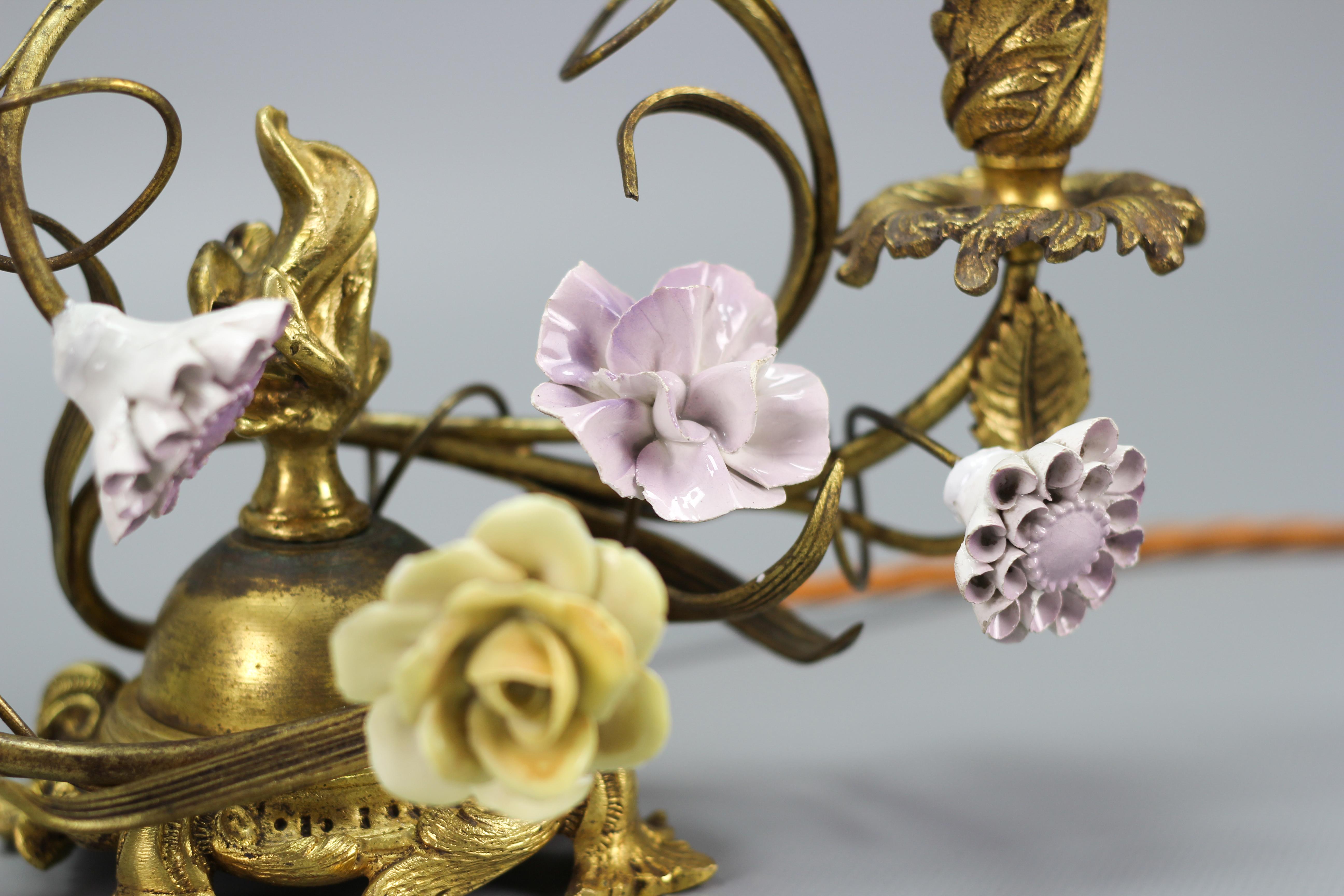 Mid-20th Century Pair of French Rococo Style Gilt Bronze and Porcelain Flower Table Lamps For Sale