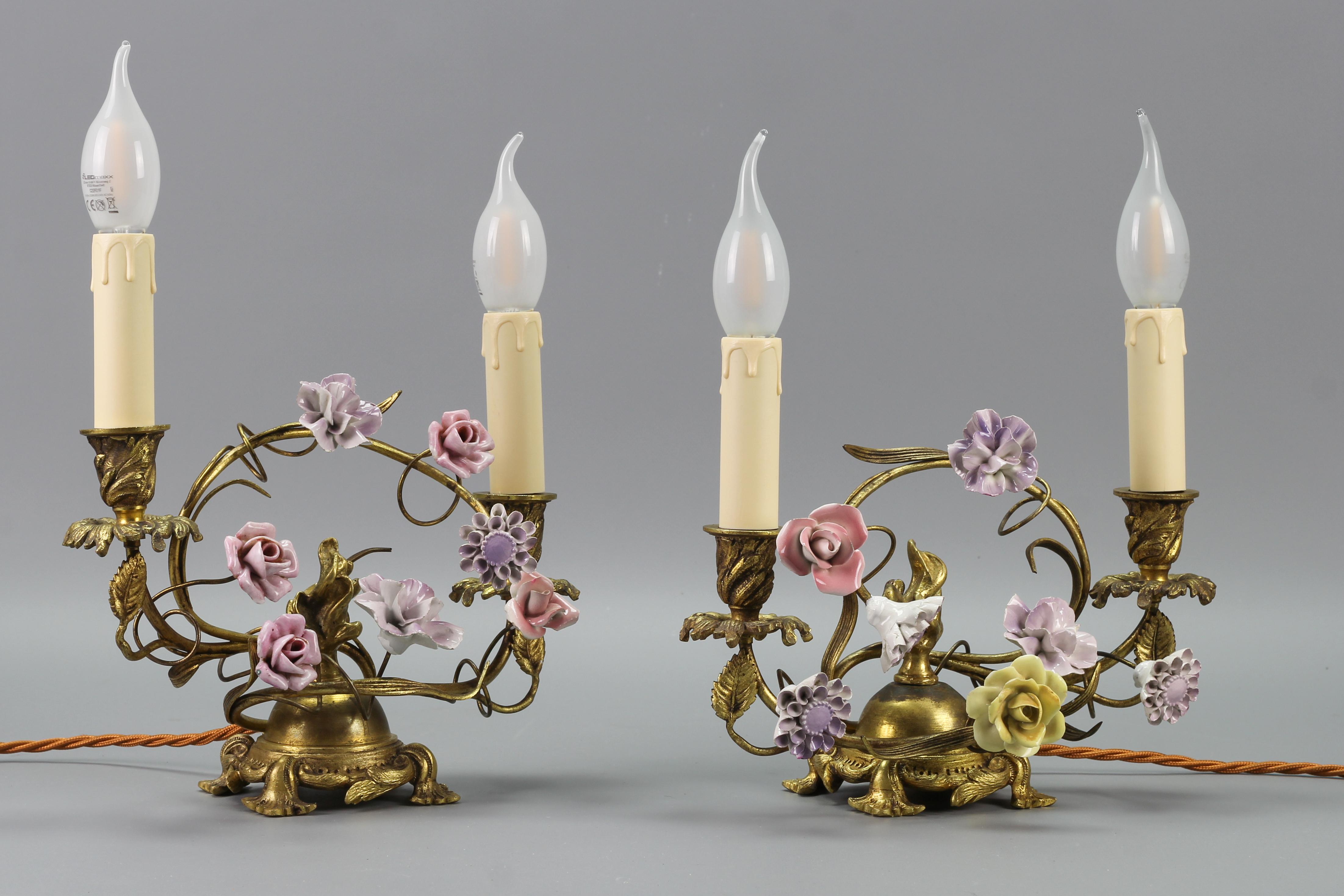Pair of French Rococo Style Gilt Bronze and Porcelain Flower Table Lamps For Sale 2