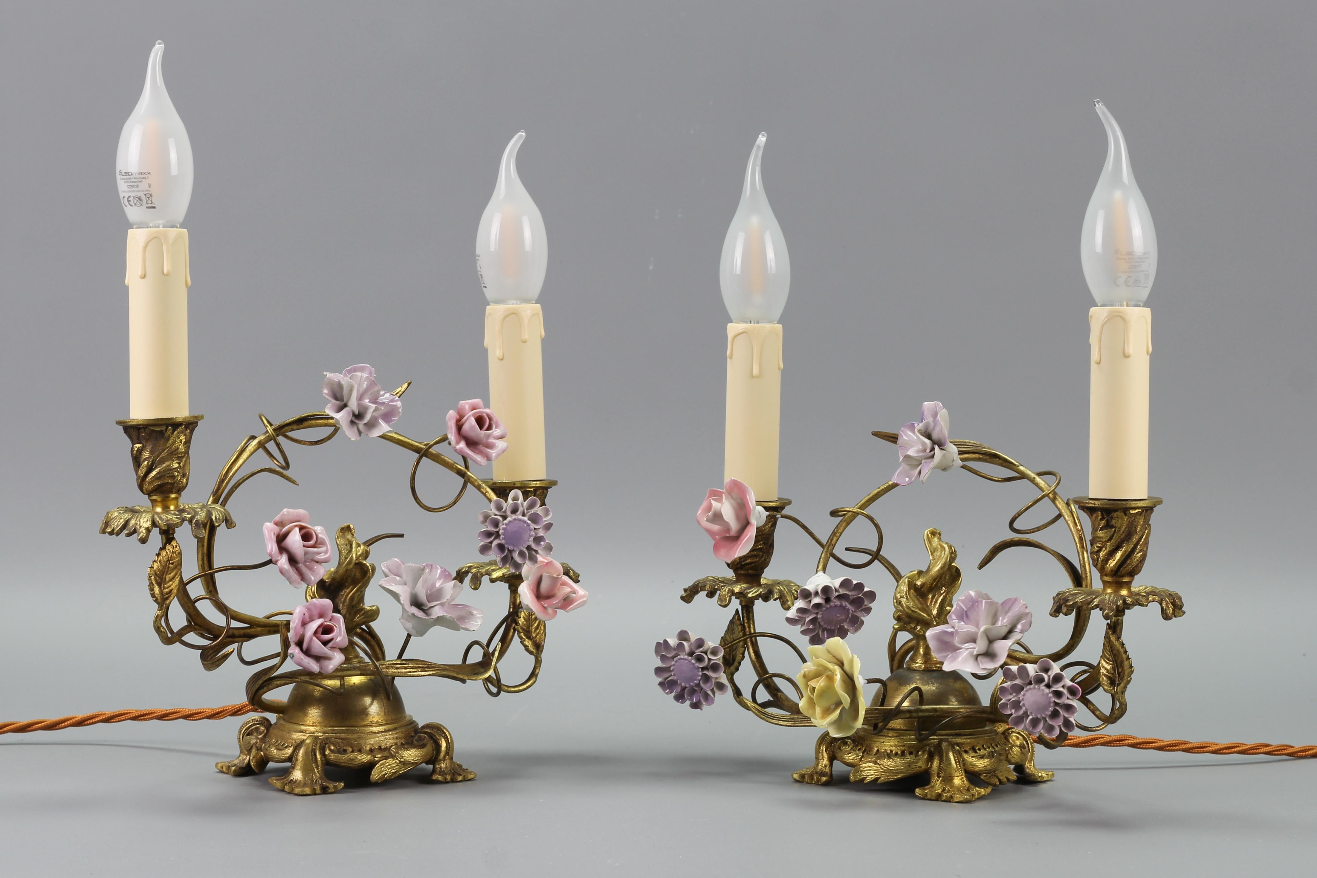 Pair of French Rococo Style Gilt Bronze and Porcelain Flower Table Lamps For Sale 3