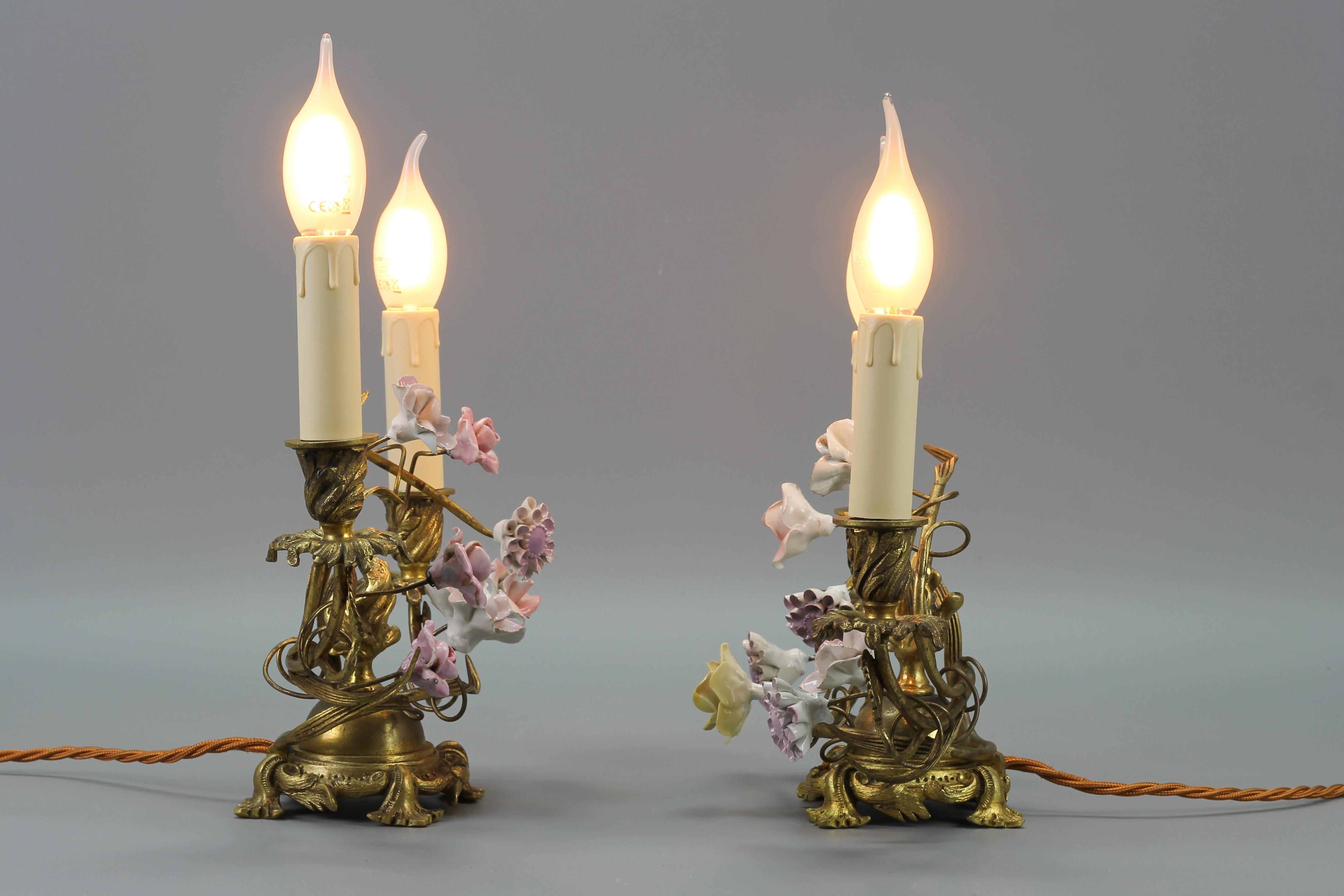 Pair of French Rococo Style Gilt Bronze and Porcelain Flower Table Lamps For Sale 4