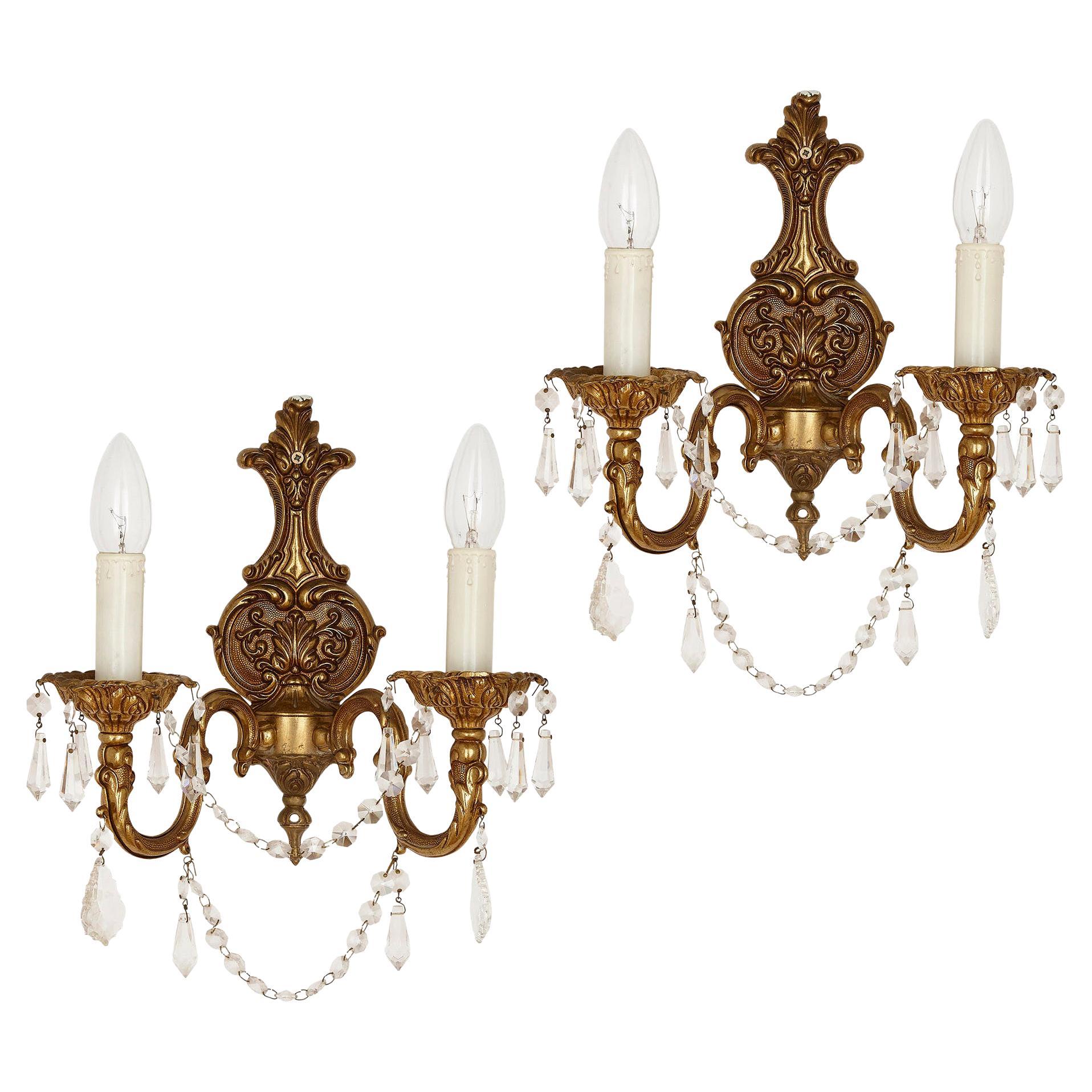 Pair of French Rococo Style Gilt Metal Sconces For Sale