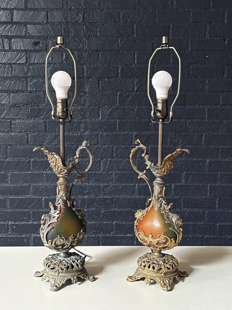 Pair of French Rococo Style Gilt Metal Table Lamps For Sale 2