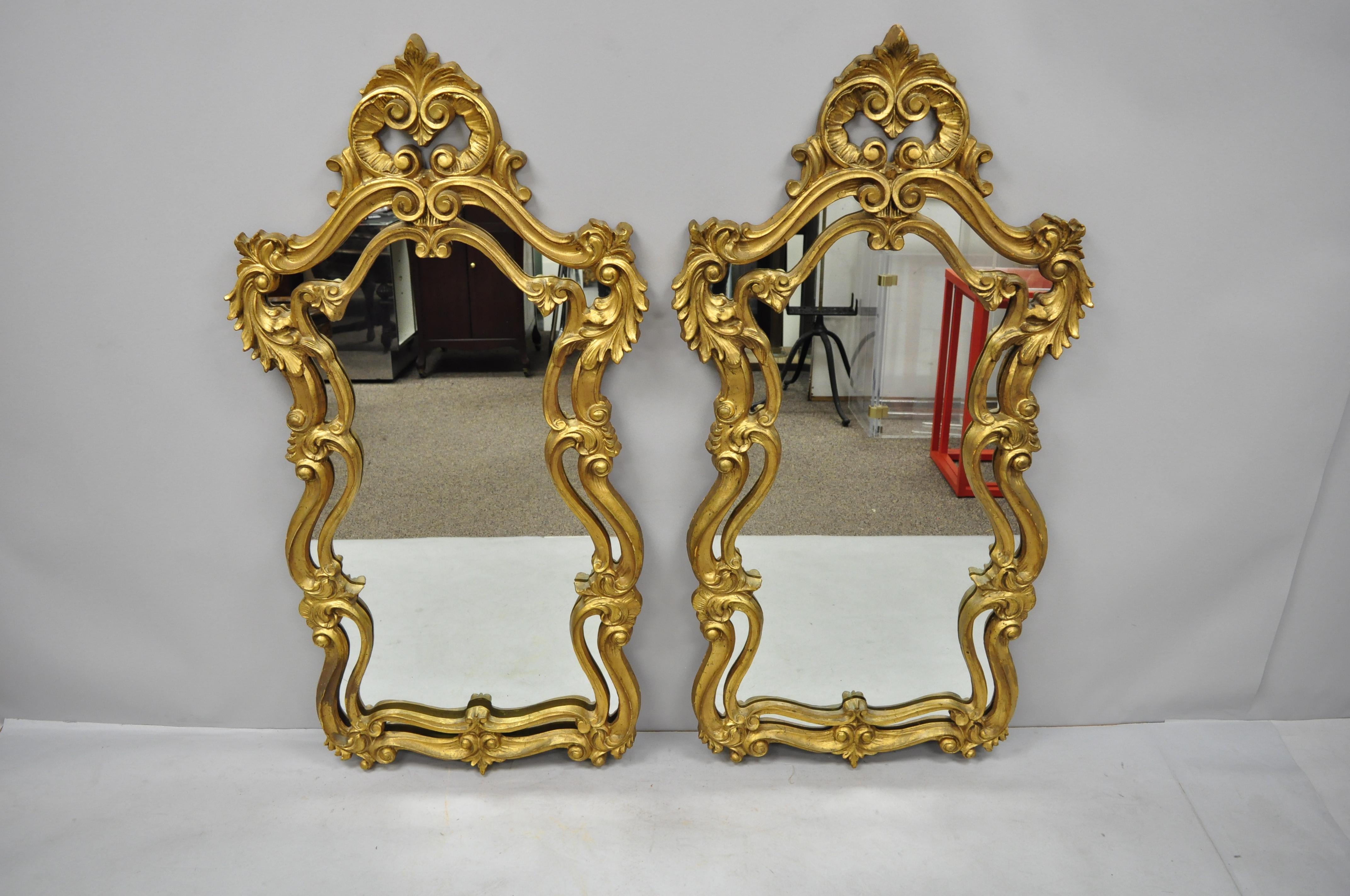 Pair of French Rococo Style Gold Wall Mirrors with Fancy Scroll Work 2