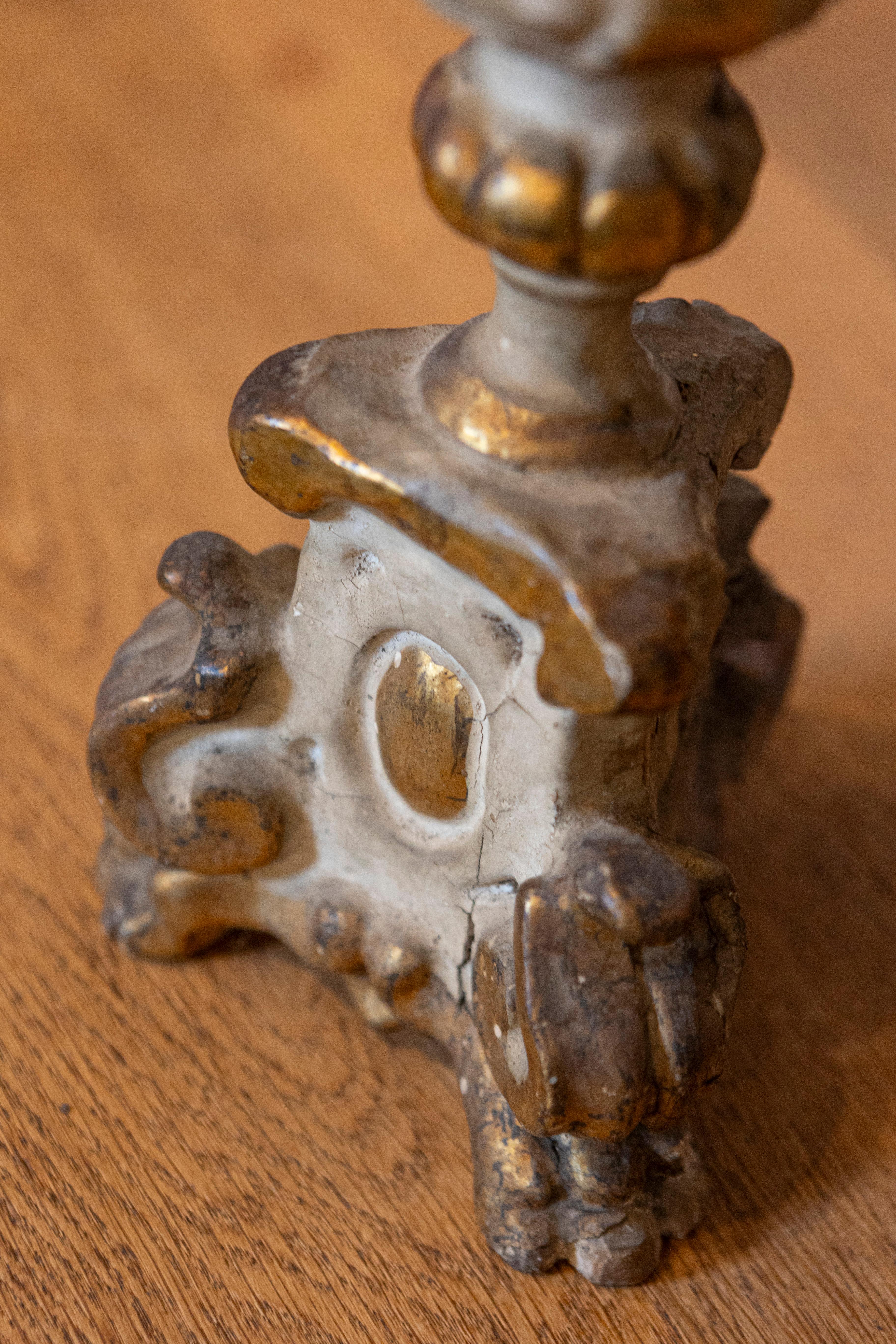 20th Century Pair of French Rococo Style Parcel Gilt Candlesticks with Carved Lion Paw Feet