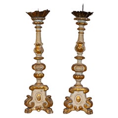 Vintage Pair of French Rococo Style Parcel Gilt Candlesticks with Carved Lion Paw Feet