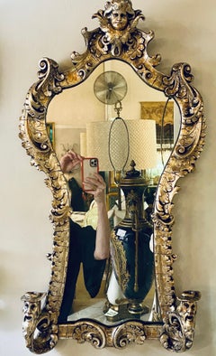 Pair 19th C. French Rococo Style Silver Gilt Mirrors With Two Candlestick Arms