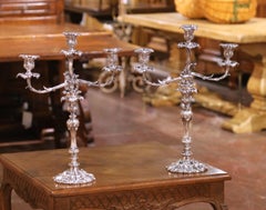 Pair of French Rococo Style Silver Plated Three-Light Candelabras